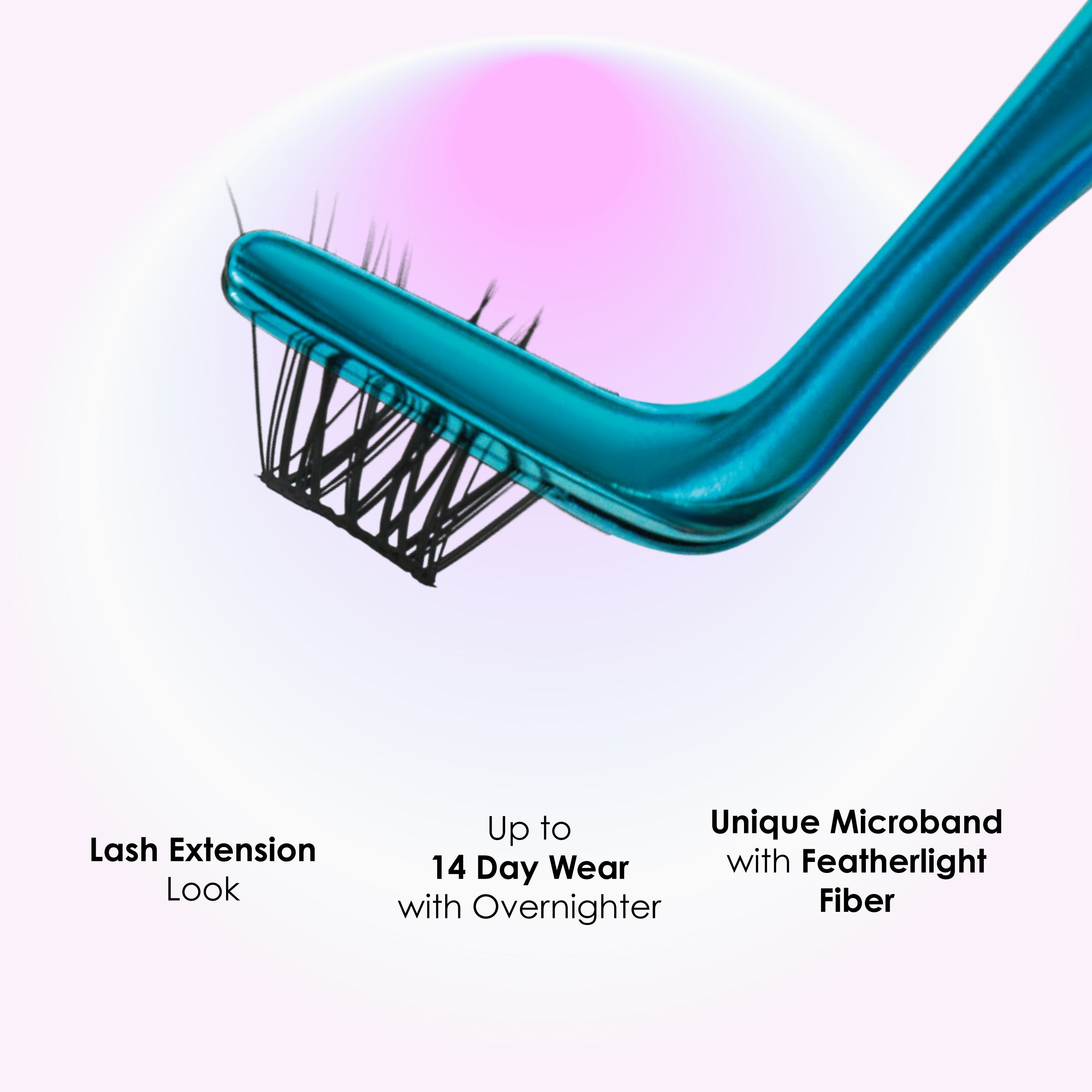 Close-up of a teal applicator brush holding sparse black lash fibers, with text highlighting lash extension look, up to 14 day wear with an overnighter, and unique microband with featherlight fiber.