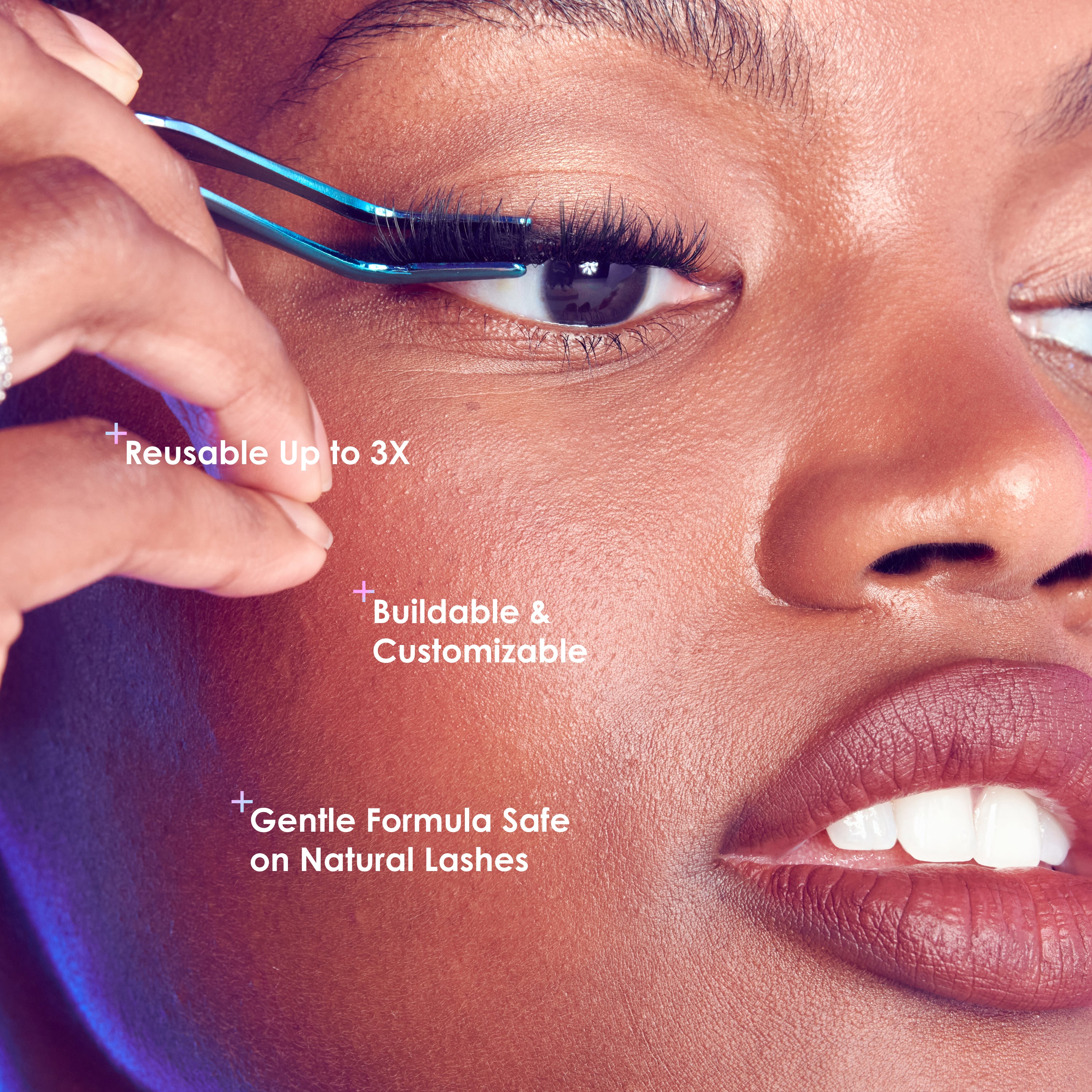 Close-up of a person applying false eyelashes with blue tweezers. Text highlights product benefits: reusable up to 3 times, buildable and customizable, gentle formula safe on natural lashes.