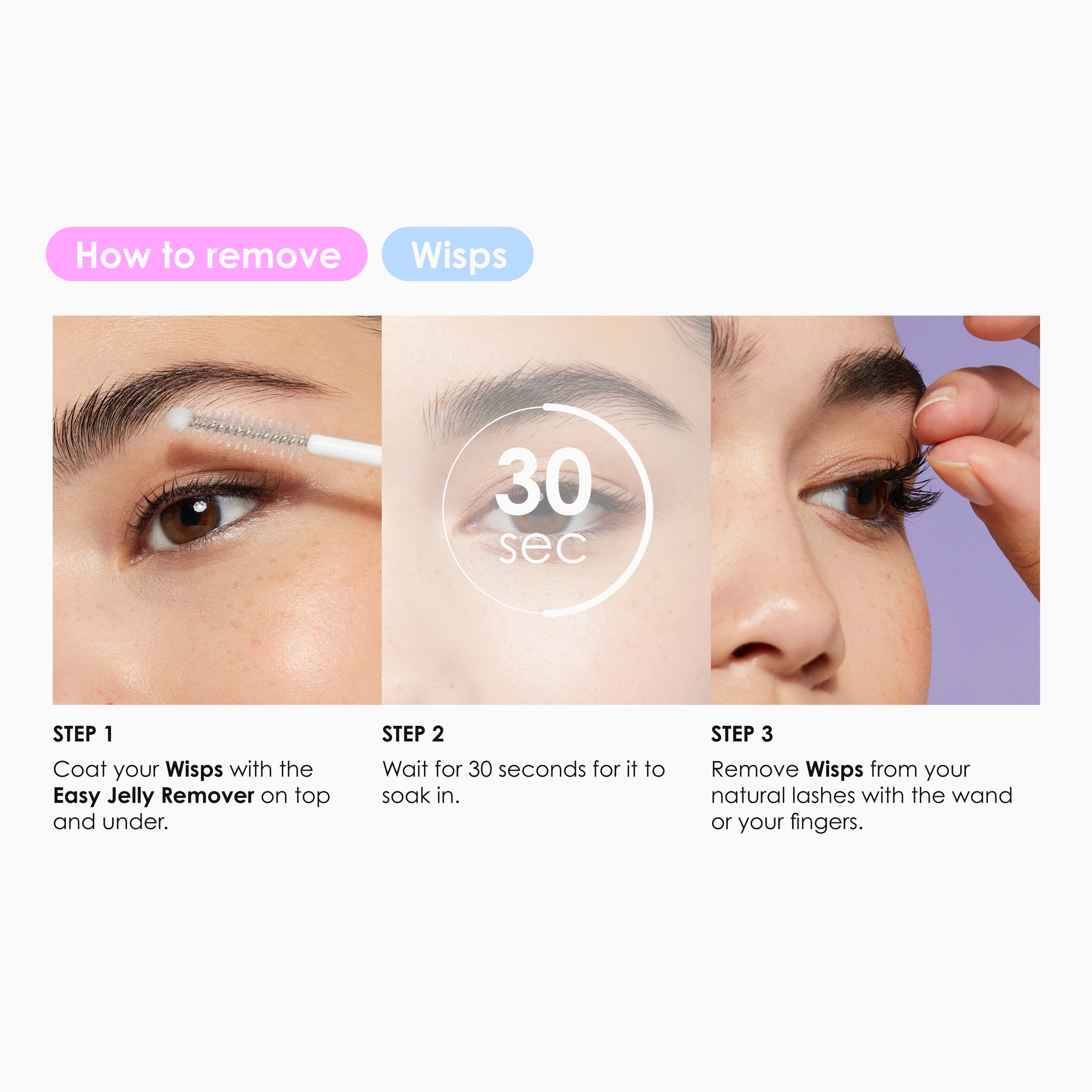 Instructions on how to remove eyelash extensions using a product called Wisps.