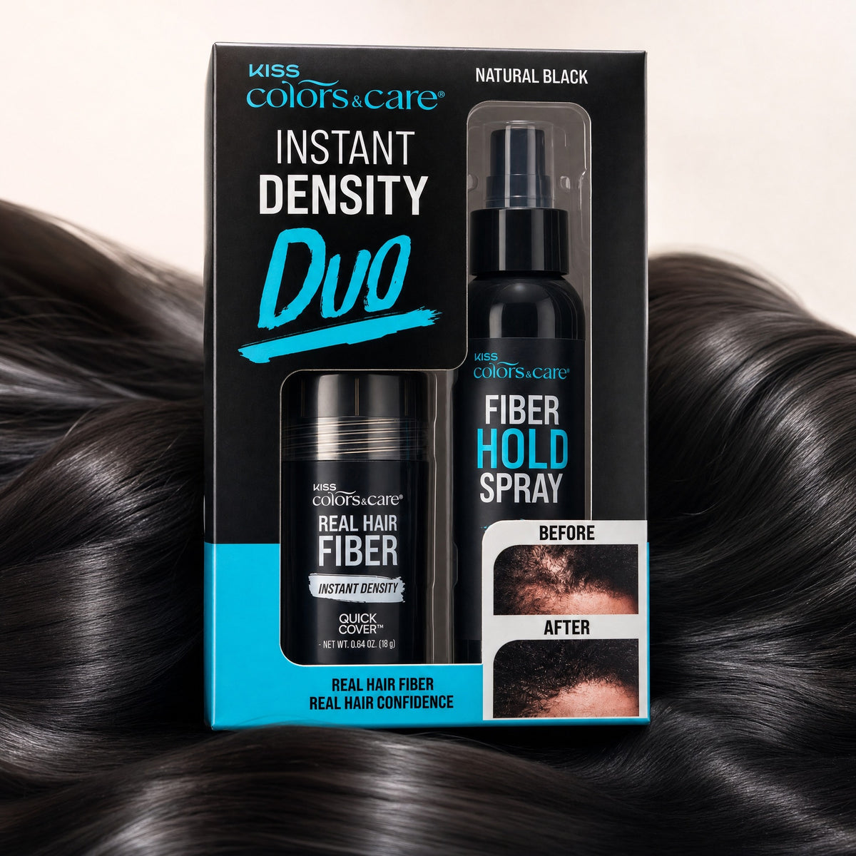 Kiss Colors & Care Real Hair Fiber & Fiber Hold Spray Set | Natural Black, Instant Density Duo, Quick Cover, Starter Kit, Hair Color