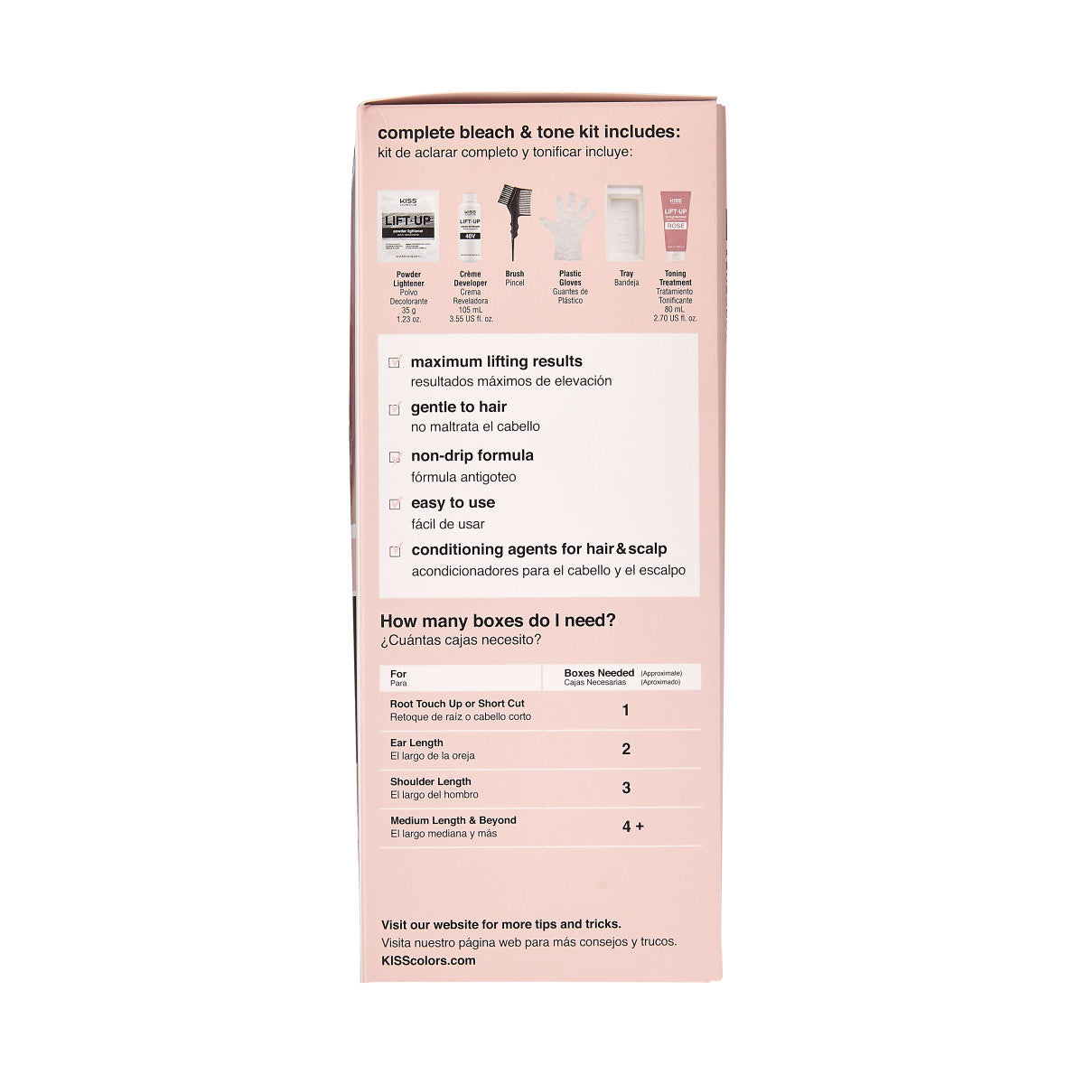 Pink packaging of KISS Lift Up Complete Bleach & Tone Kit shows included items and highlights benefits like maximum lifting results, gentle to hair, and conditioning agents.