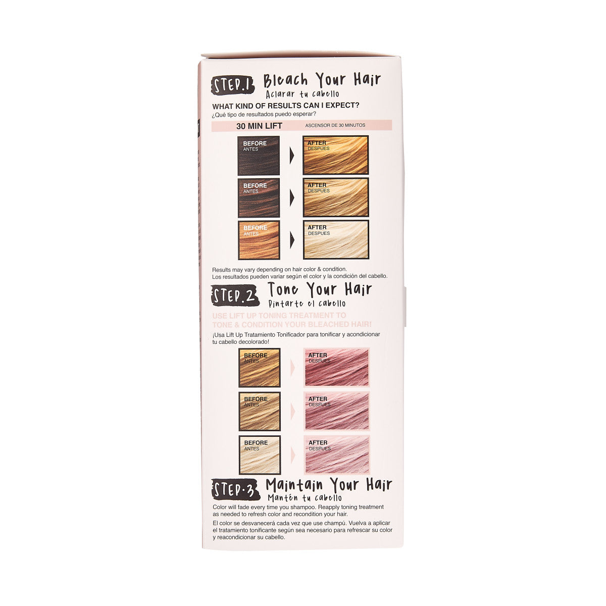 Light pink box back showing hair color transformation steps: bleach hair with 30-minute lift, tone to rose shades, and maintain color with reapplication.