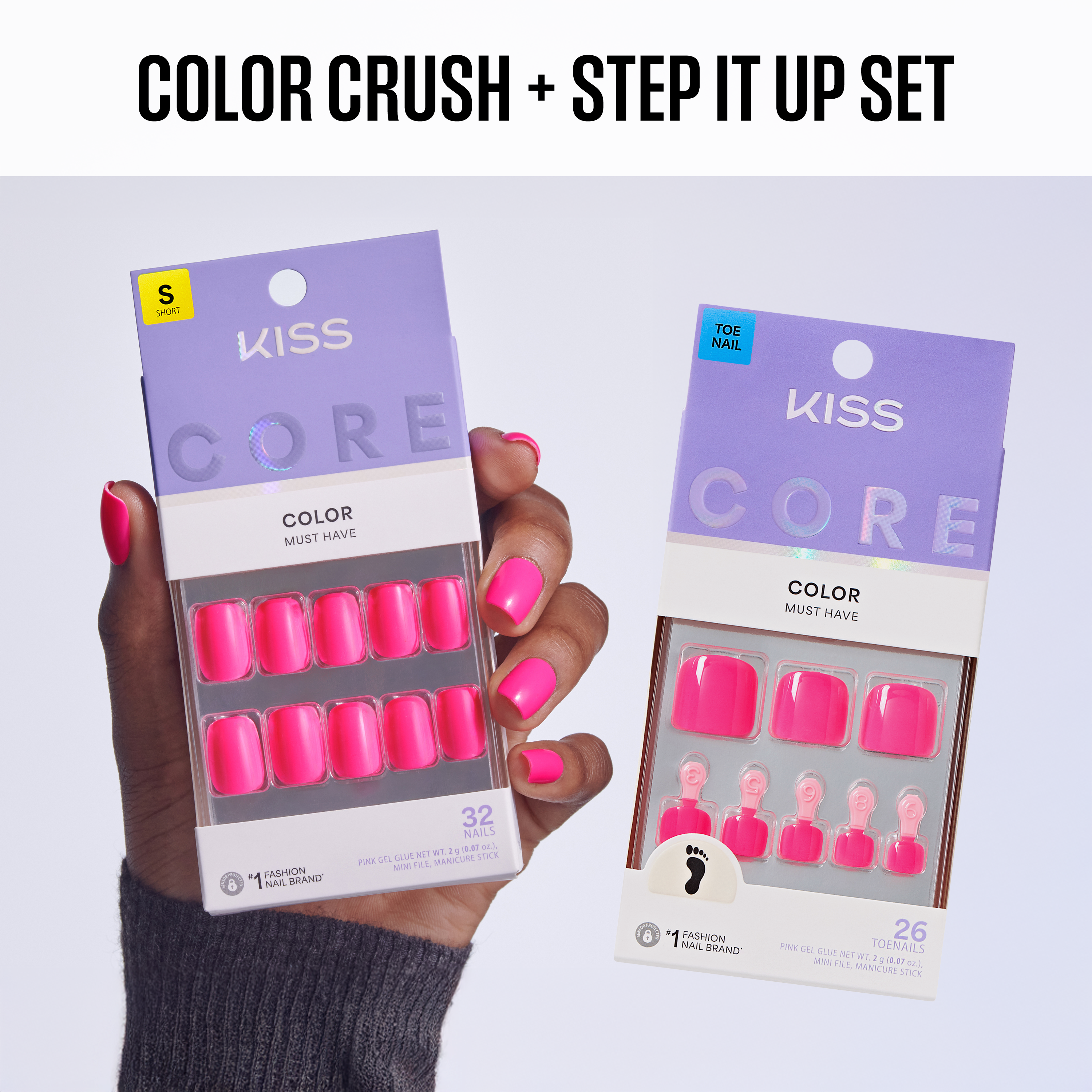 KISS Core nail extensions in pink held by a hand with matching nails against a light purple background.