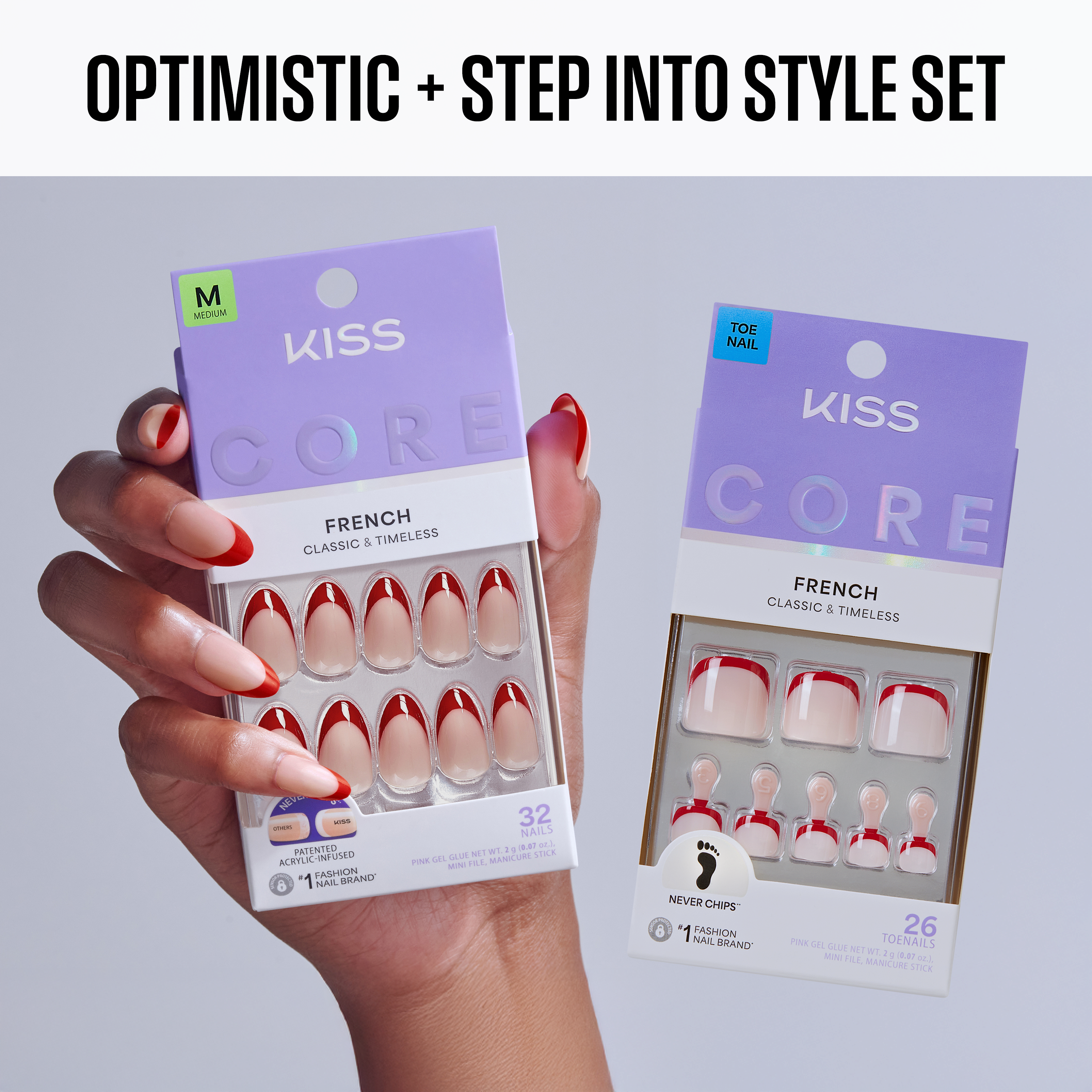 KISS Core nail art set packaging held by a hand with red nail polish on a light gray background.