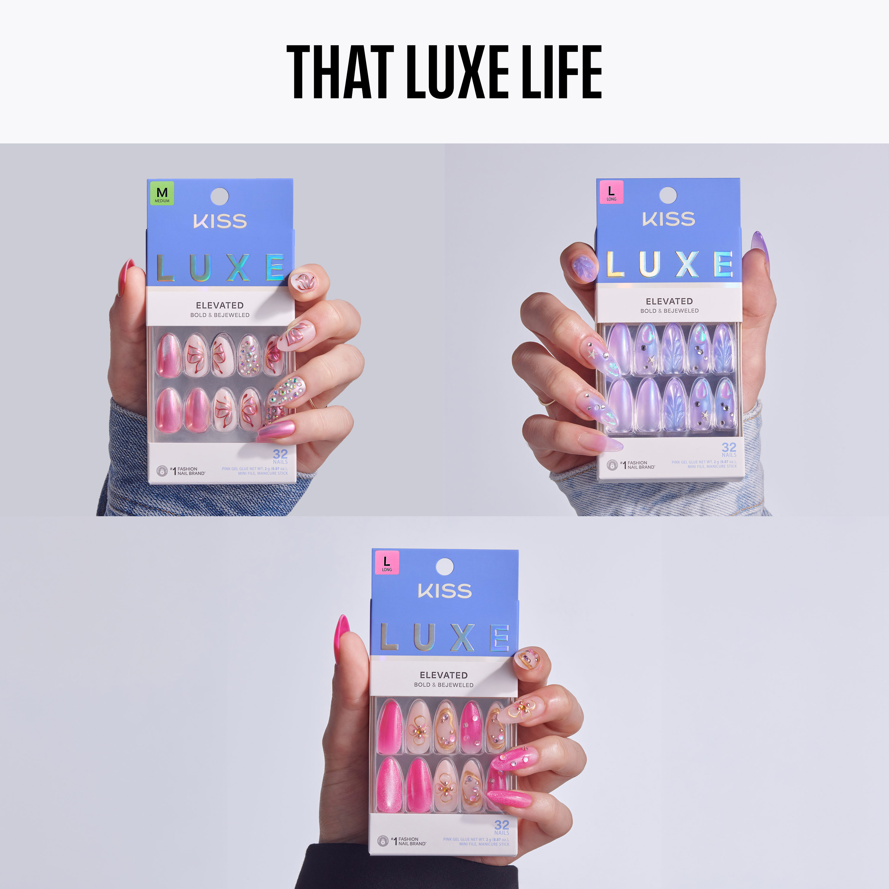 Three hands holding packages of Kiss Luxe nail extensions against a light gray background.