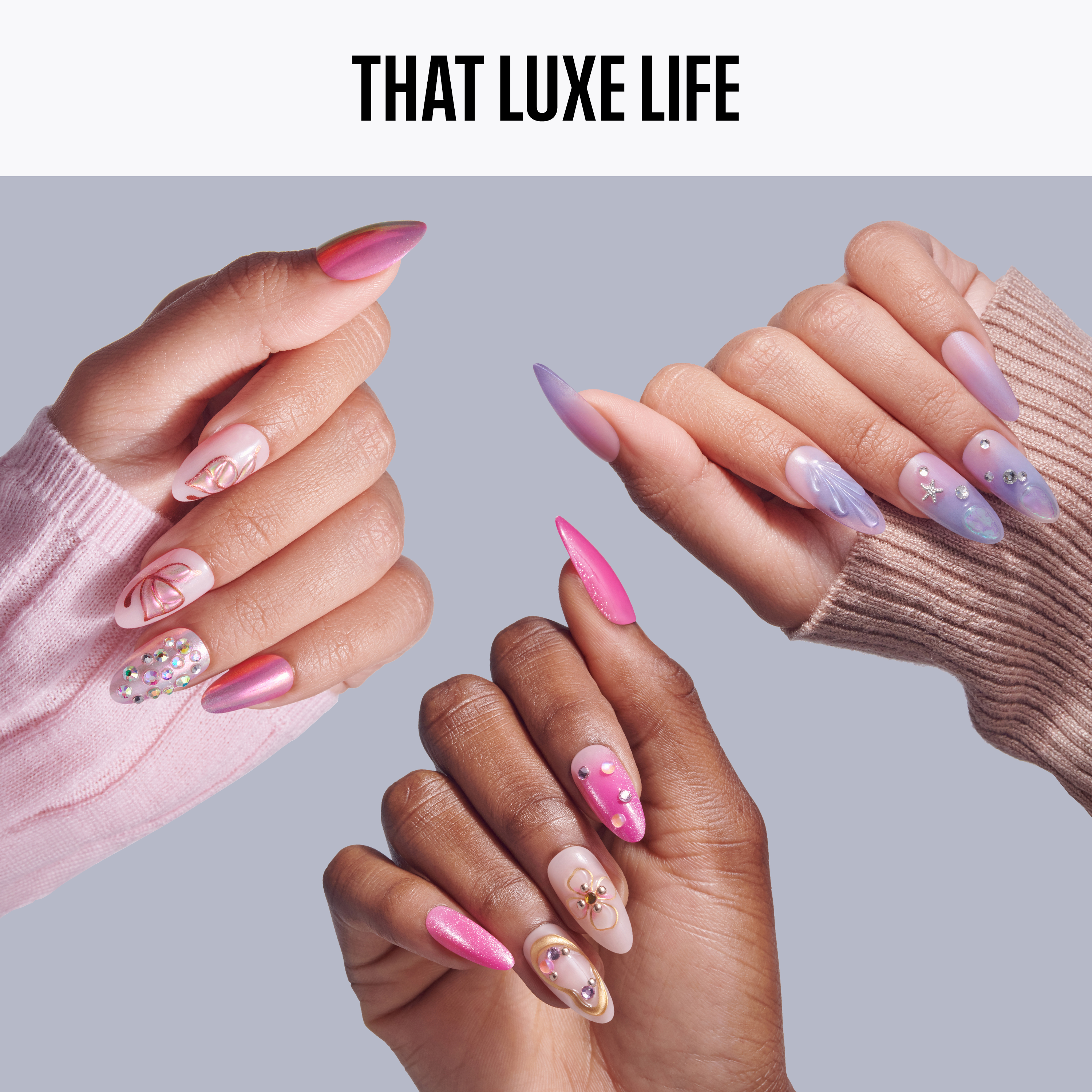 Three hands with pink and purple nail designs against a gray background, featuring the text &