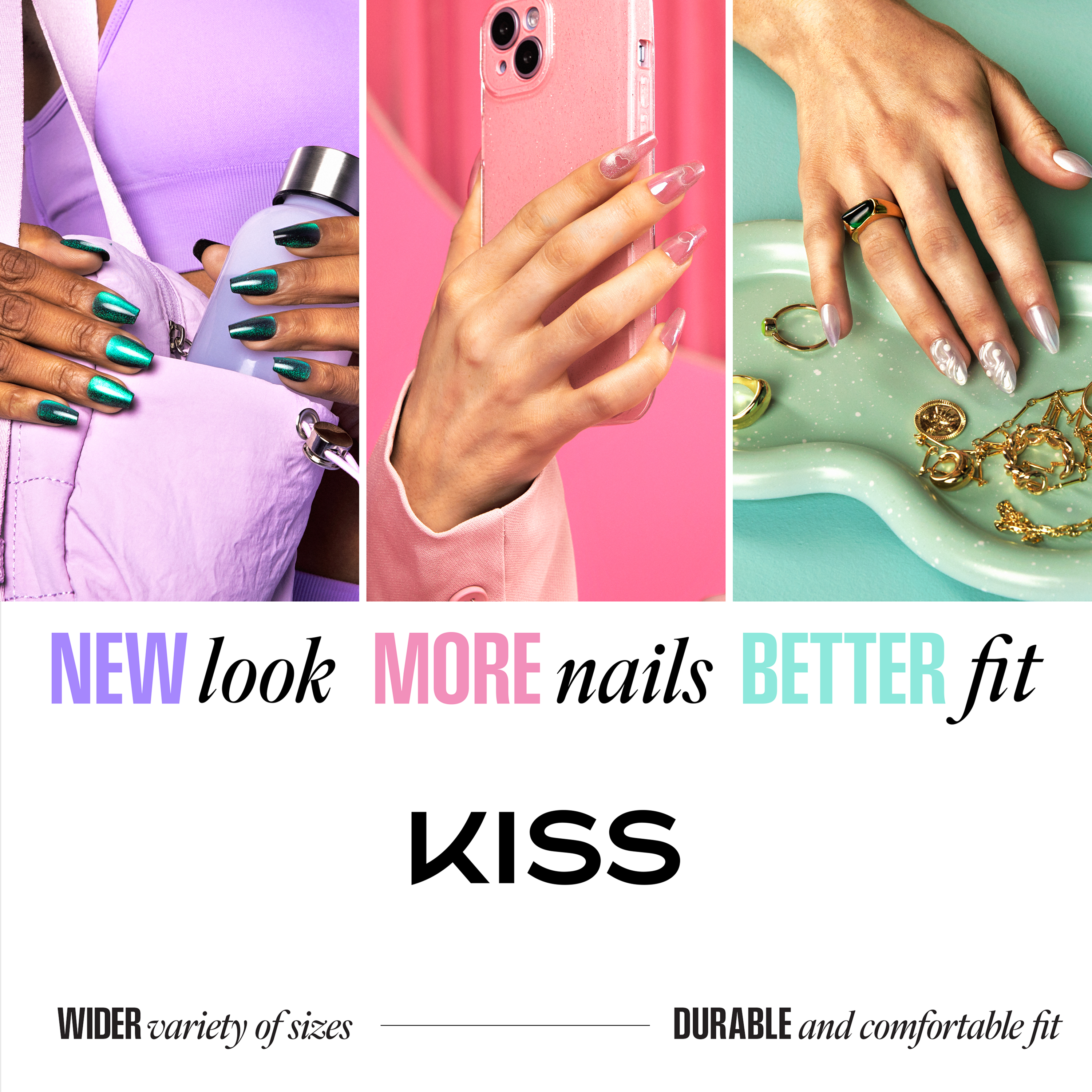Advertisement for KISS nail products with images of hands, nails, and jewelry.