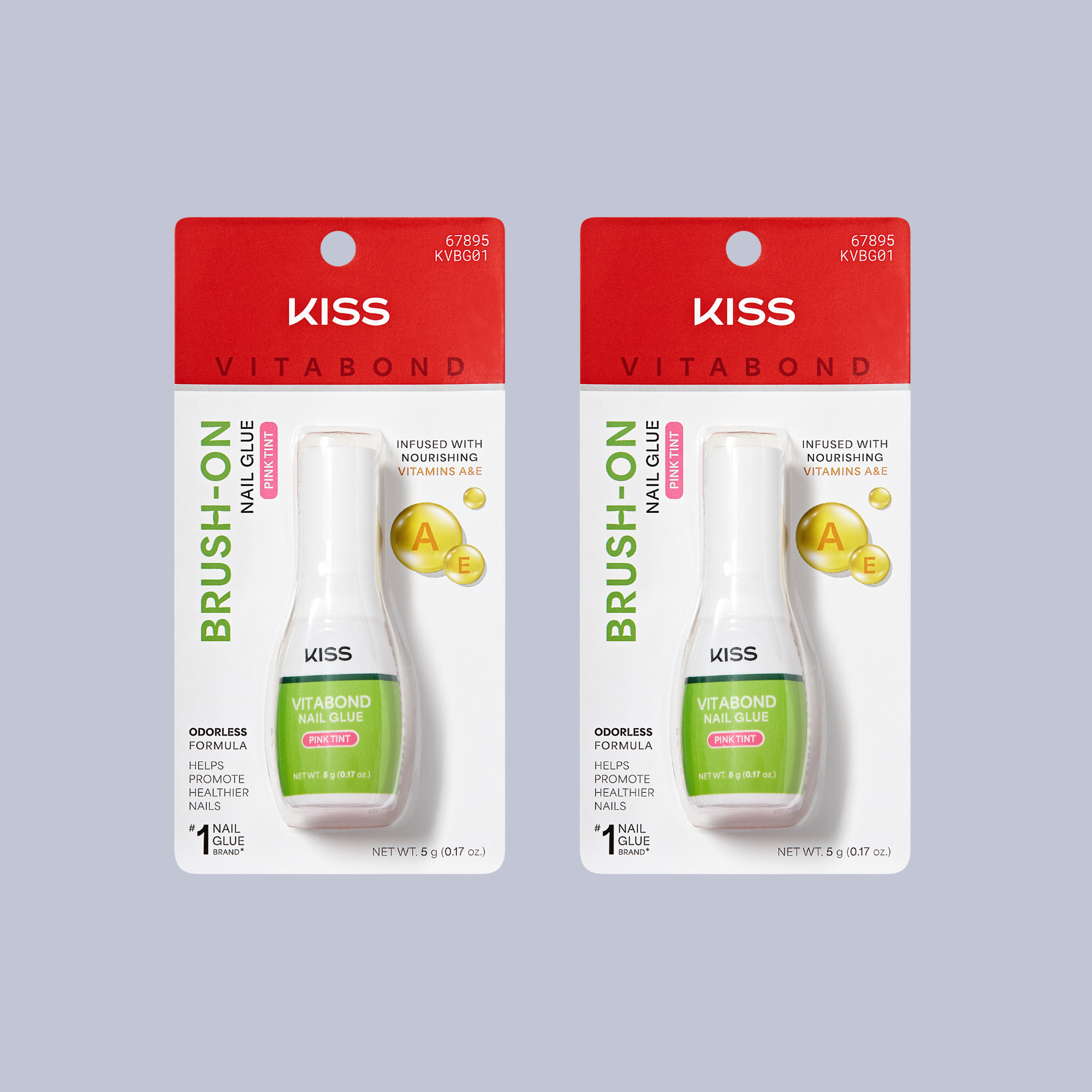 Two packages of Kiss Vitabond Brush-On Nail Glue on a gray background