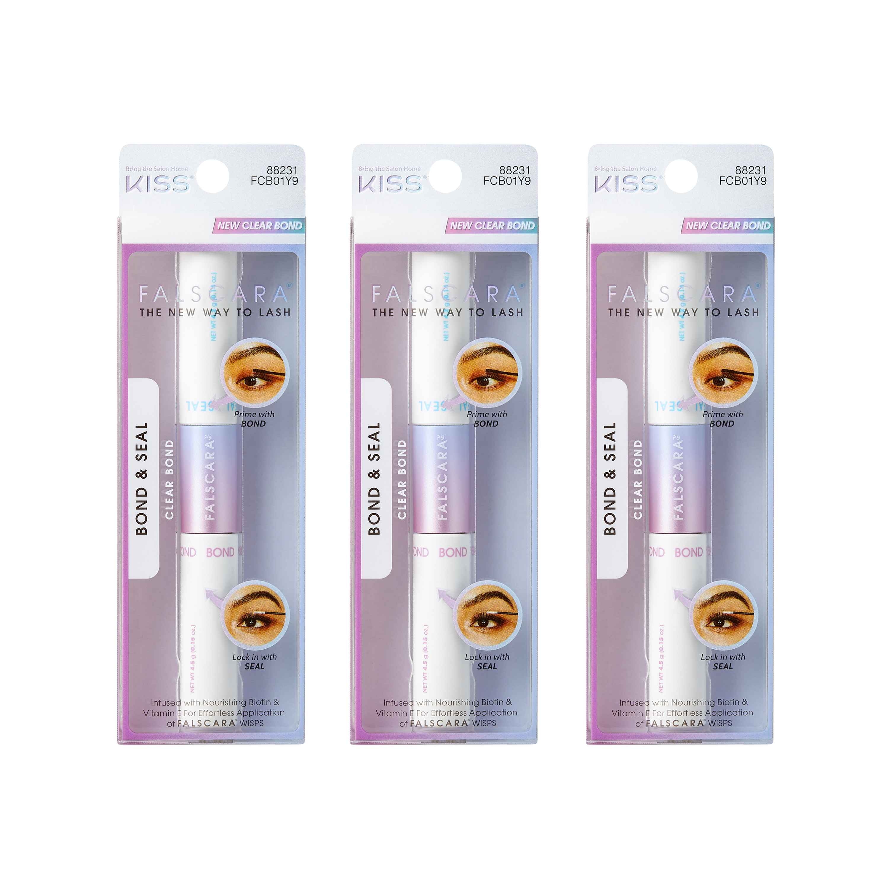 Three-pack of Falscara Bond & Seal clear lash bond tubes in white and lavender packaging, with instructions to prime with bond and lock in with seal.