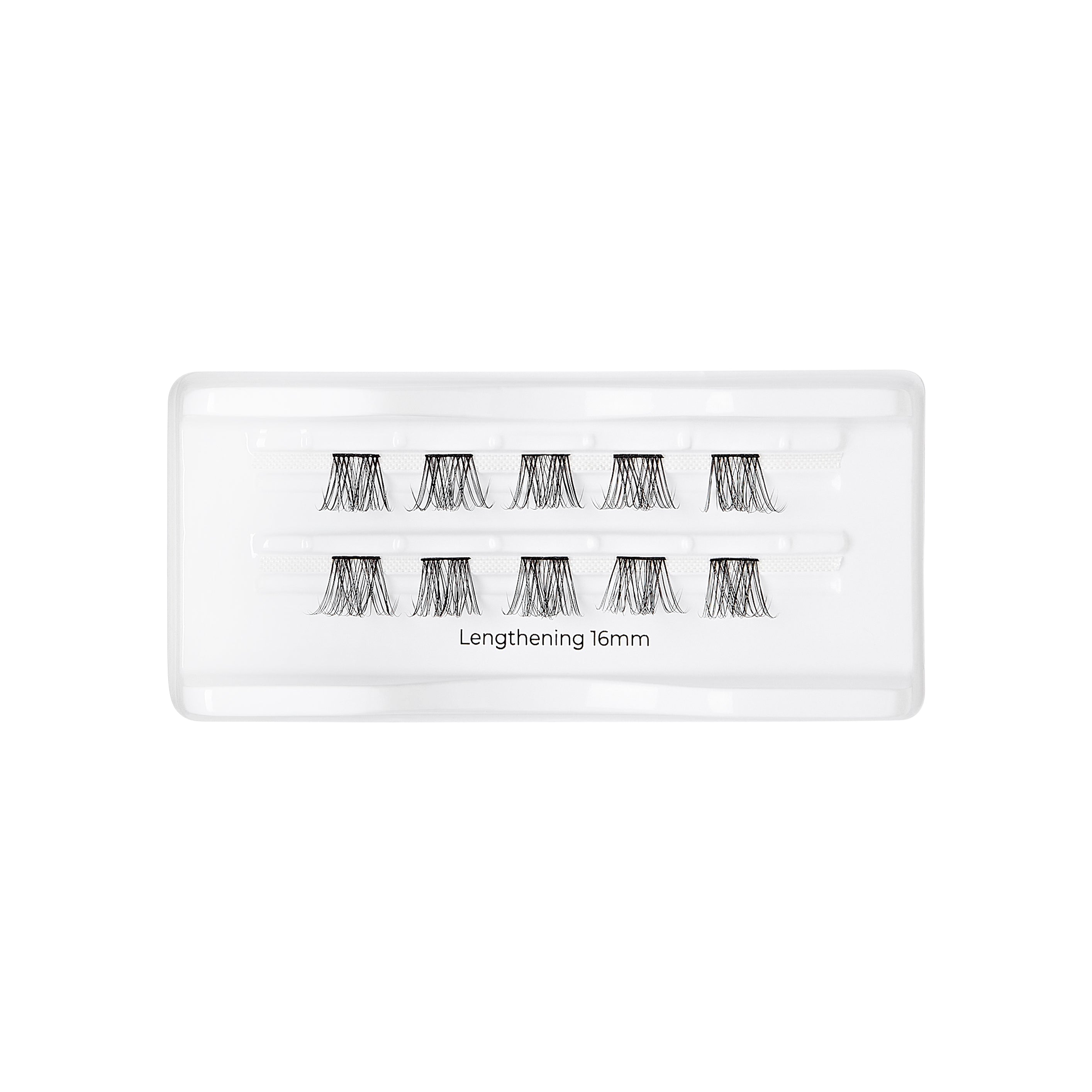 Clear plastic tray holding ten clusters of black lengthening false eyelash wisps arranged in two rows, labeled \