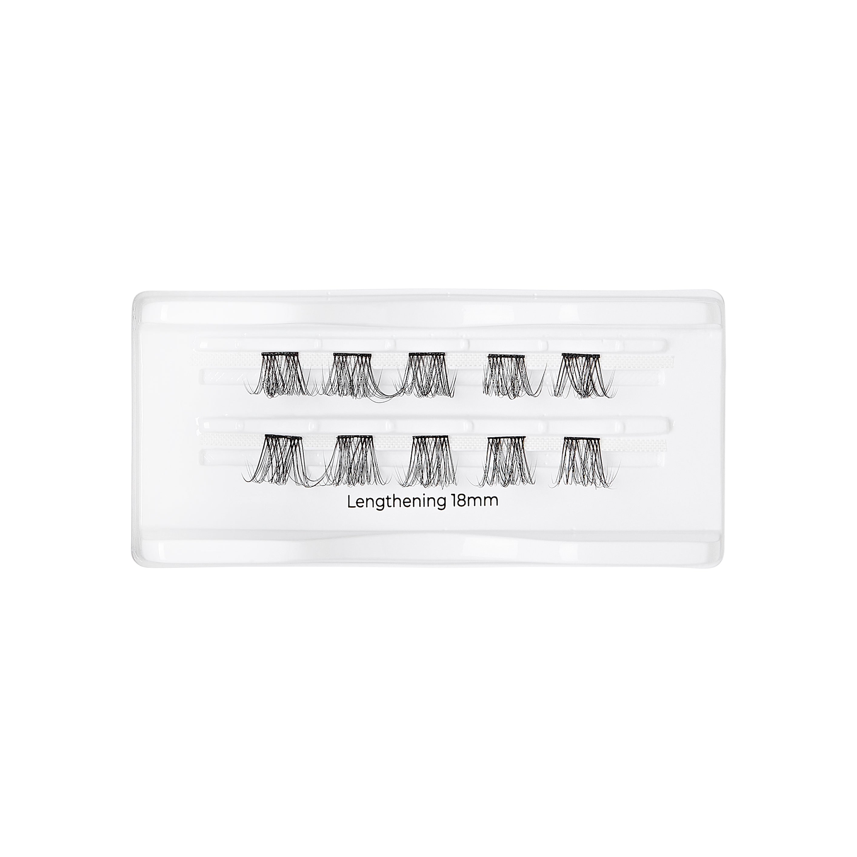 Plastic tray holding ten small clusters of black false eyelash extensions arranged in two rows, labeled \