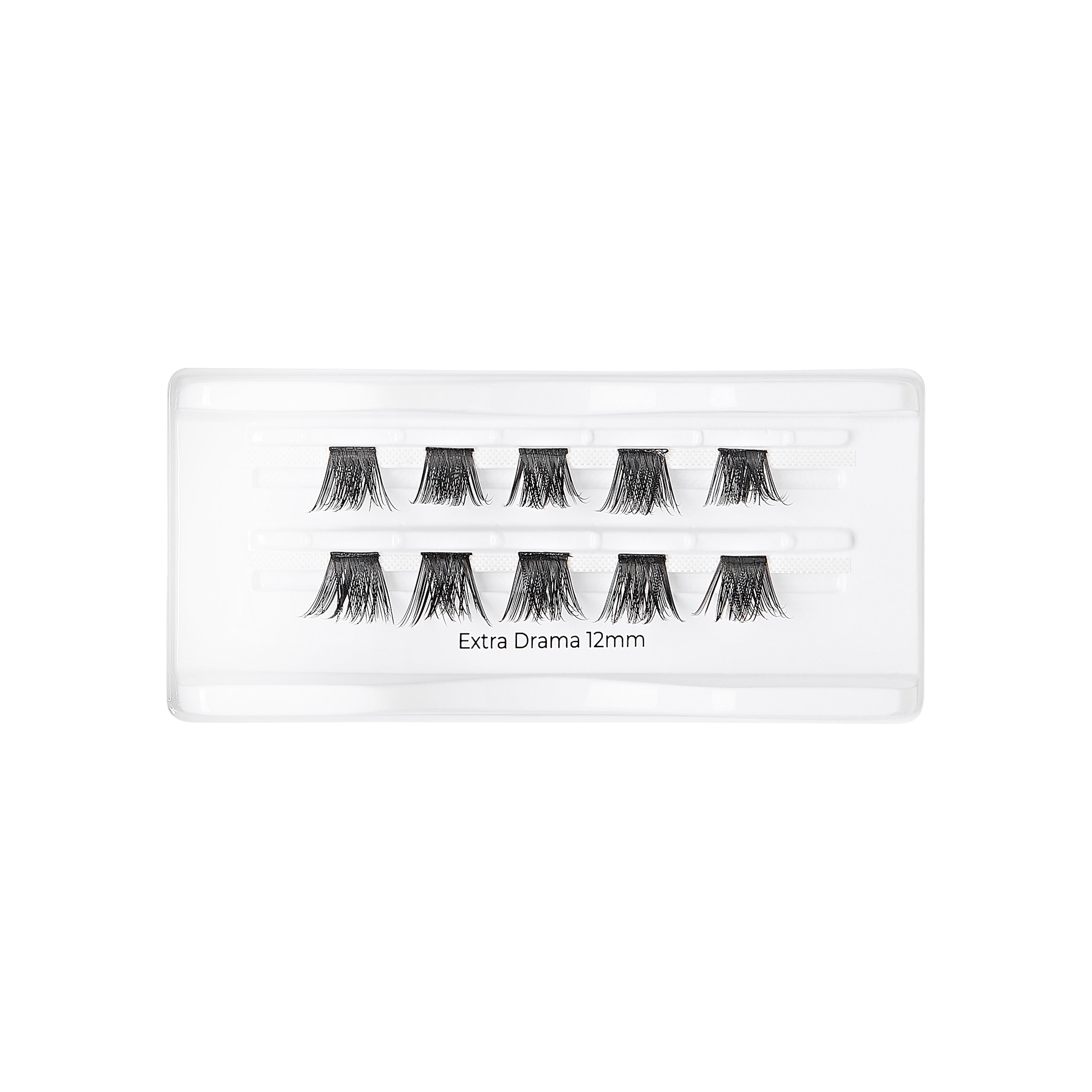 Tray containing ten sets of short, black cluster false eyelashes labeled \