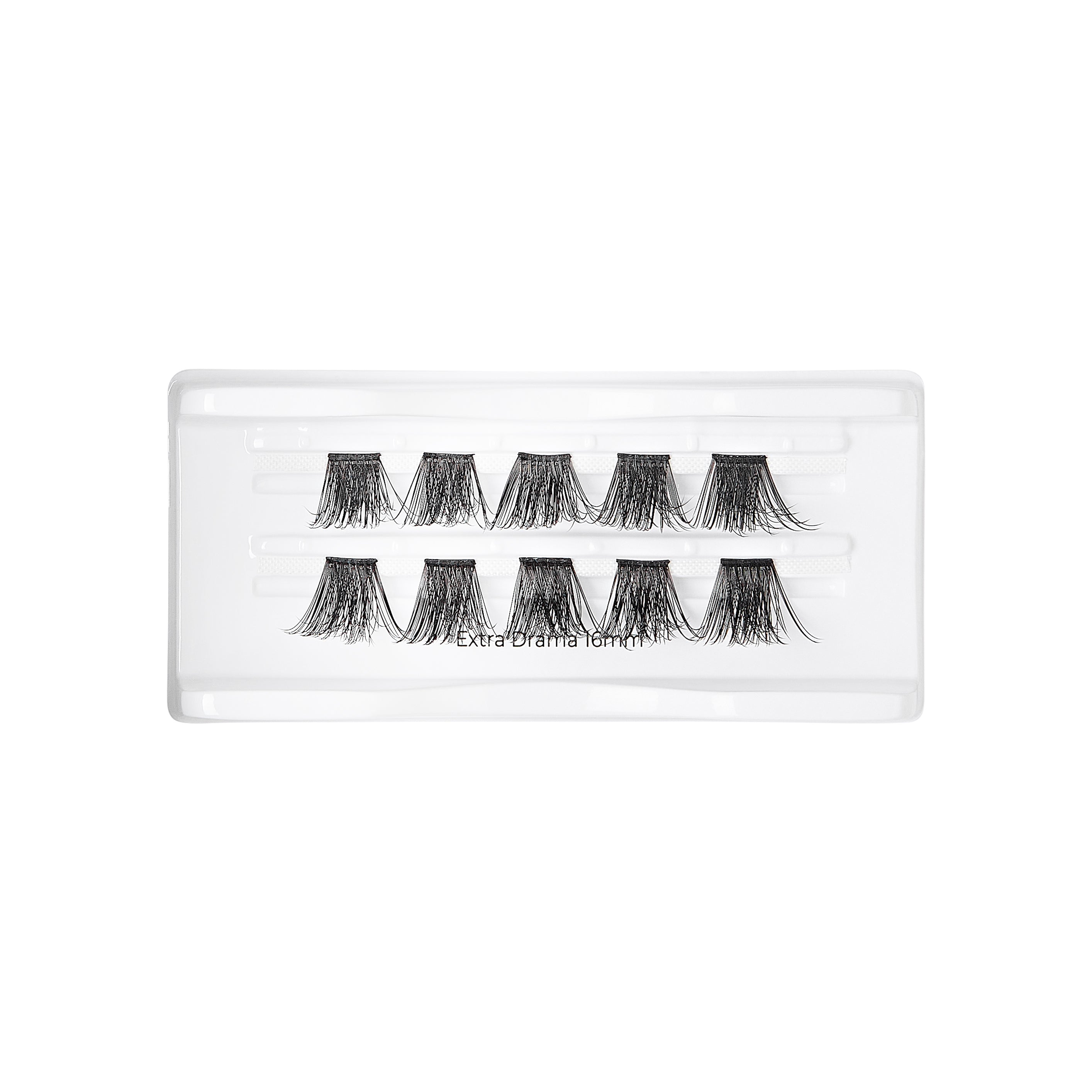Set of ten pairs of short, black, wispy false eyelash clusters arranged in two rows inside a clear plastic tray. The text on the tray reads \