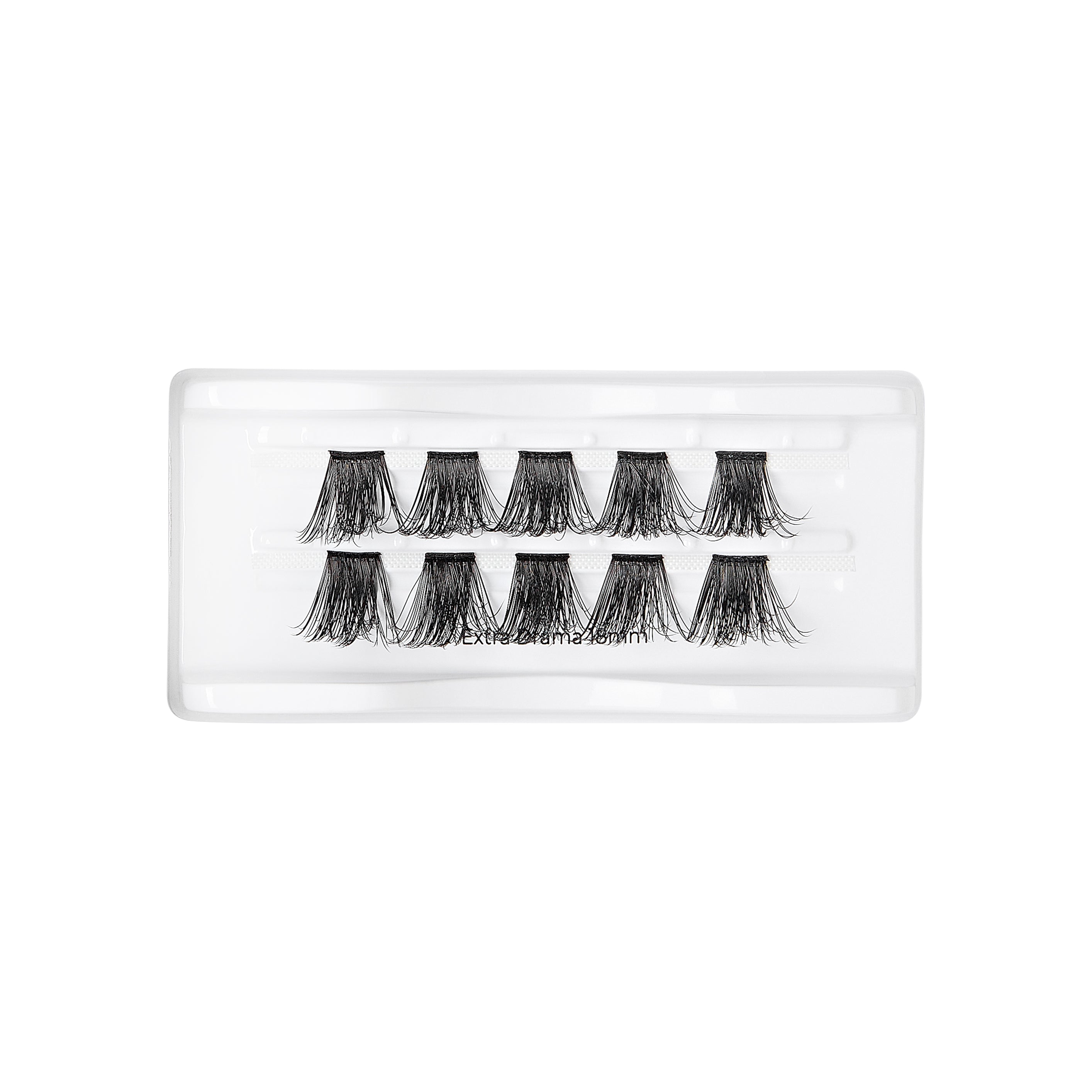 Set of five pairs of black, clustered false eyelash wisps arranged in two rows inside clear plastic packaging on a white background.