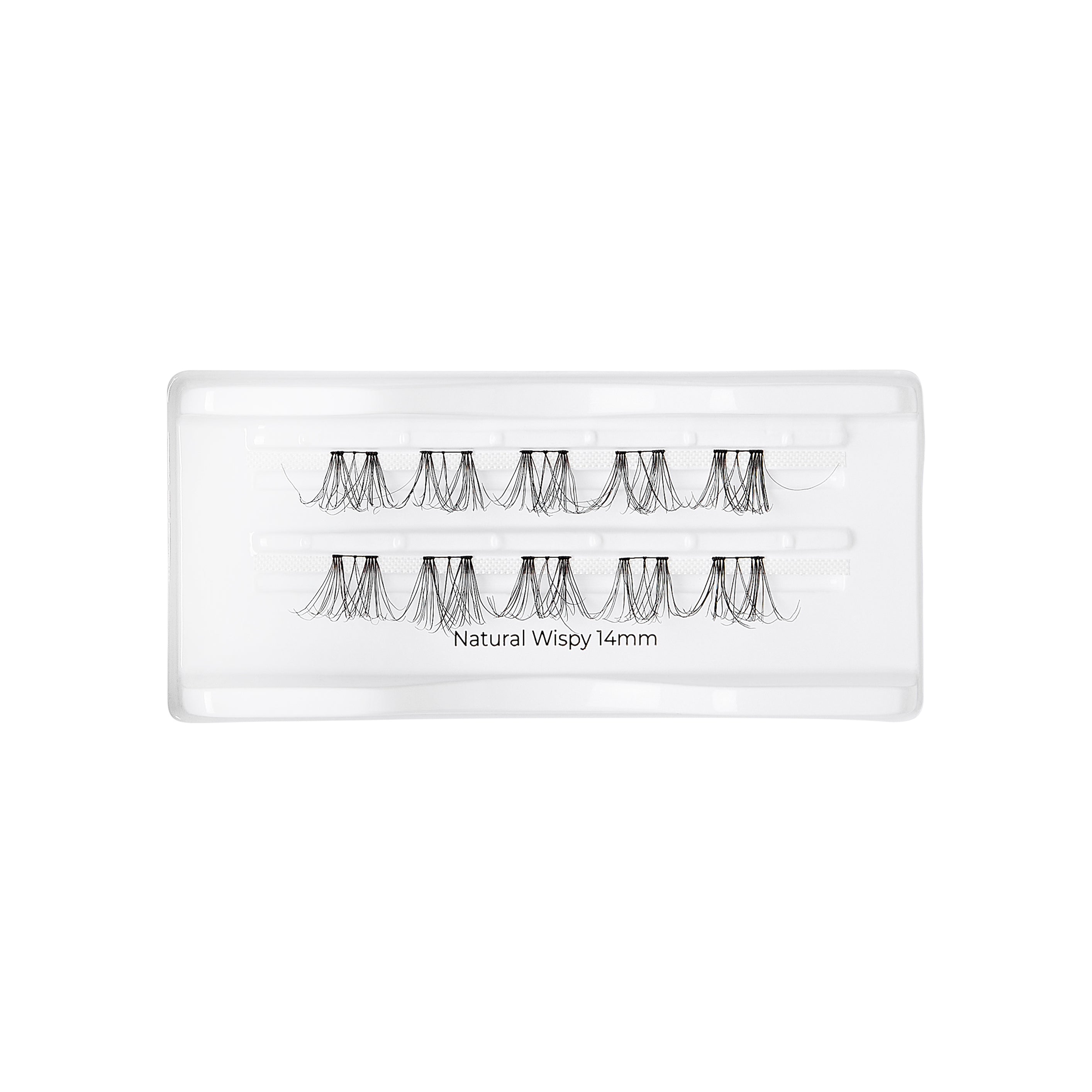 Tray of black individual natural wispy eyelash clusters, 14mm length, arranged in two rows on white plastic backing with text \