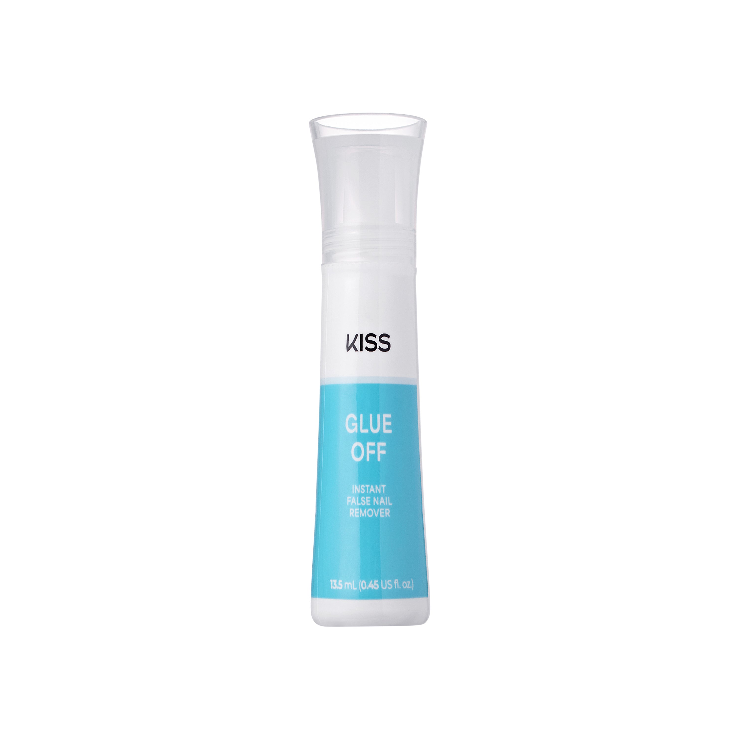 The image features a bottle of "KISS Glue Off," which is an instant false nail remover. The bottle is designed with a sleek, clear plastic body that allows visibility of the liquid inside. It has a pump dispenser at the top for easy application. The label prominently displays the product name "Glue Off" along with its purpose as a remover for false nails. The overall design is modern and user-friendly, emphasizing convenience for users looking to remove artificial nails.