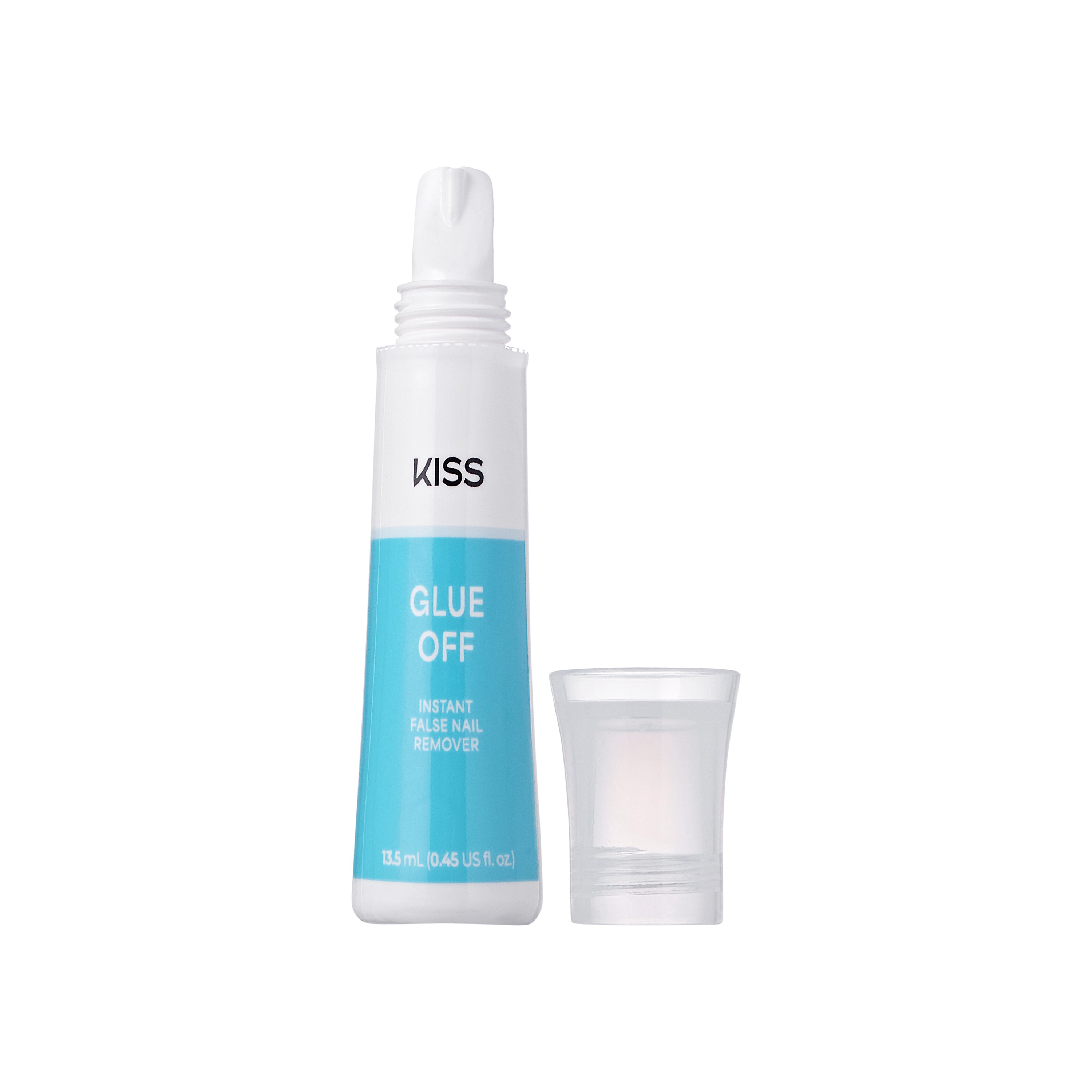 KISS Glue Off Instant False Nail Remover tube with white and blue packaging, open cap shown next to it, 13.5 mL size.