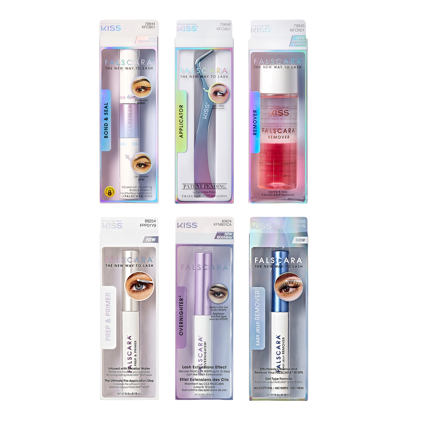 Six-piece FALSCARA lash tool and product bundle by KISS, featuring Bond & Seal tube, curved metal applicator, pink remover bottle, Prep & Primer tube, Overnighter mascara tube, and Easy Jelly Remover in blue tube.