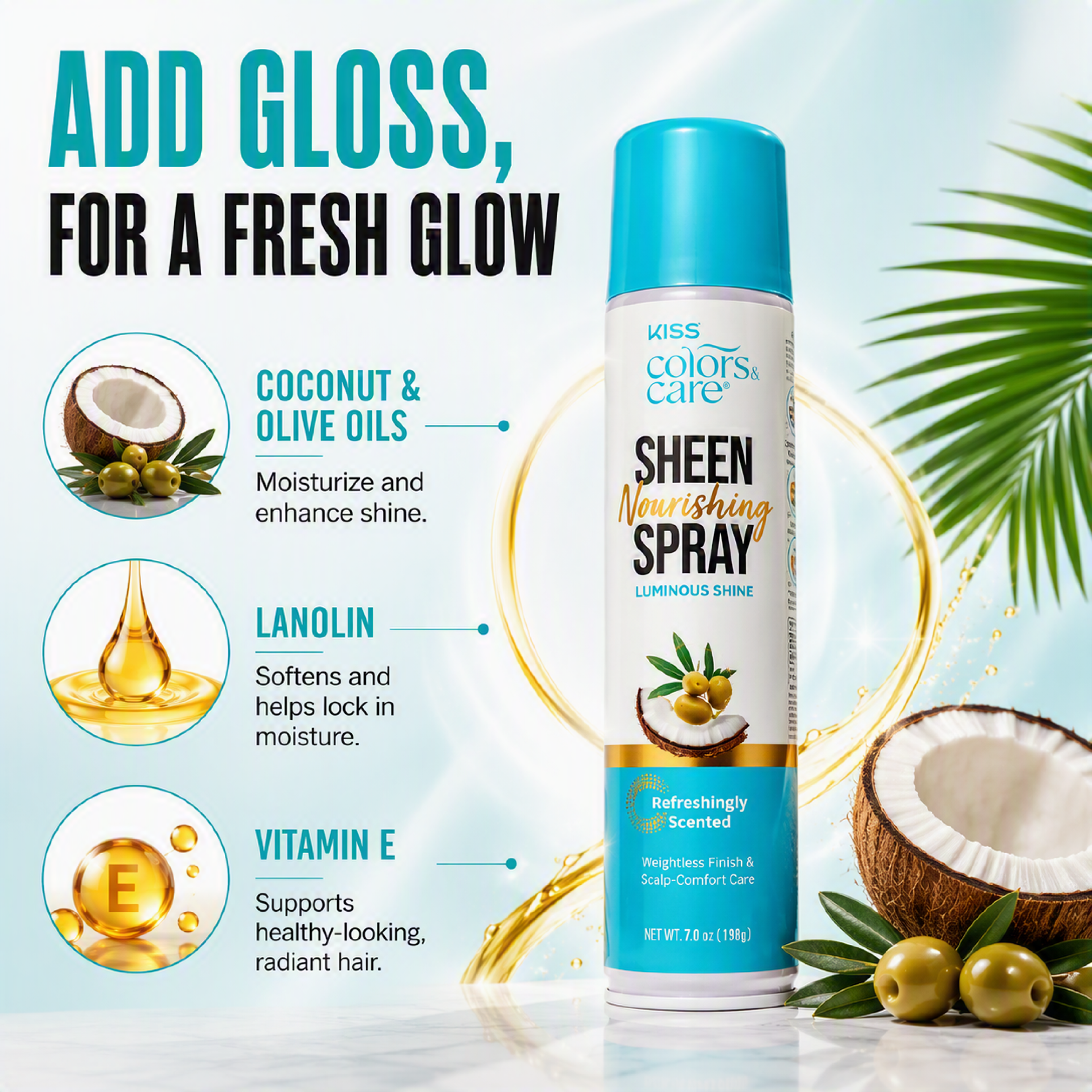 Kiss Colors & Care Nourishing Sheen Spray for Luminous Shine | 7 US fl. oz, Hair Care