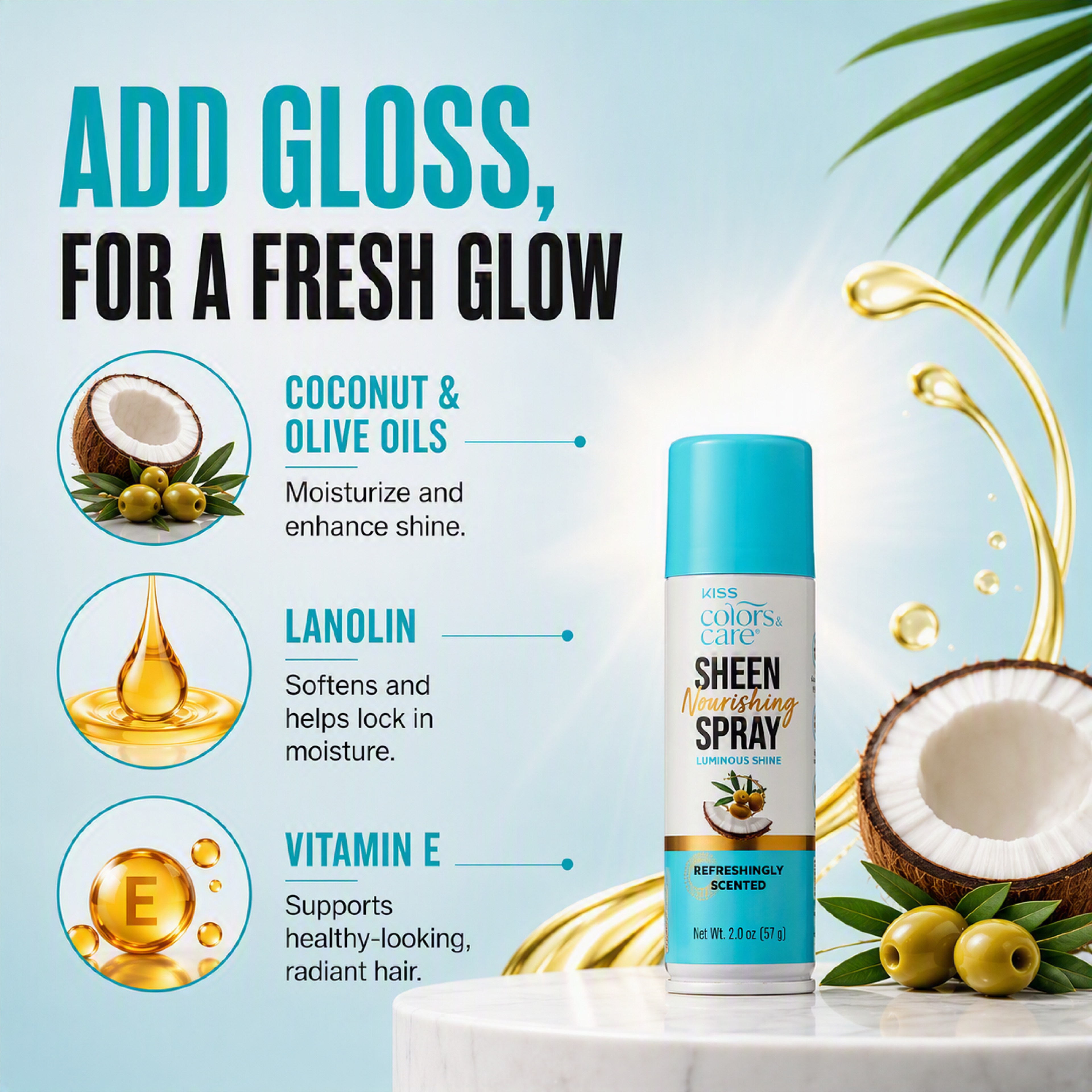 Kiss Colors & Care Nourishing Sheen Spray for Luminous Shine | Travel Size, 2 US fl. oz, Hair Care