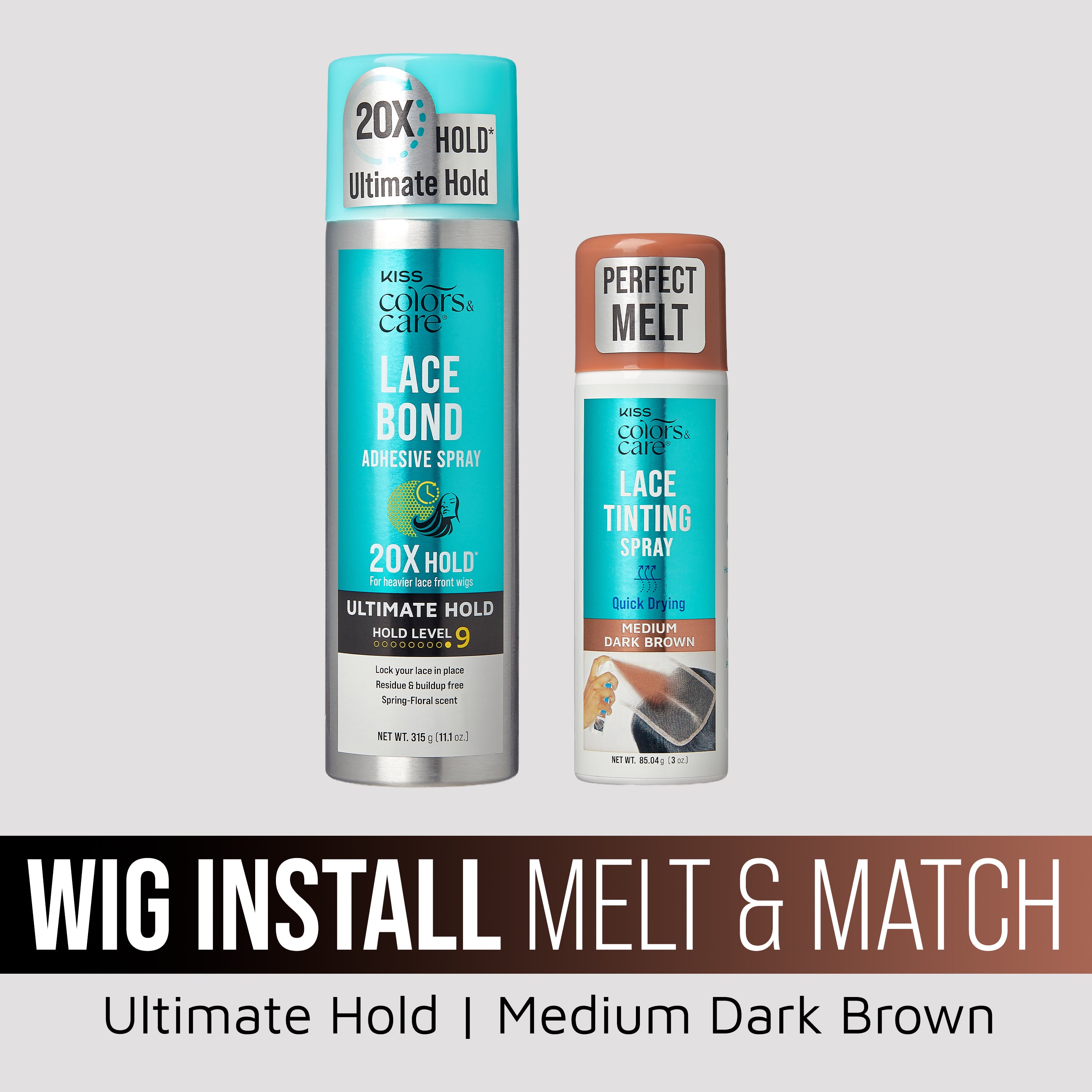 Kiss Colors & Care Wig Install Melt & Match Bundle - Ultimate Hold Lace Bond & Medium Dark Brown Lace Tinting Spray