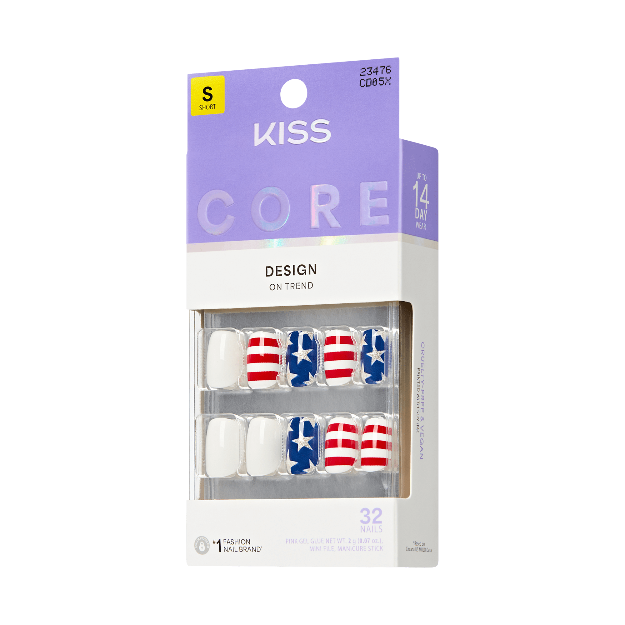 KISS Core Design Short Nails, patriotic red white blue stars stripes pattern, 32 count