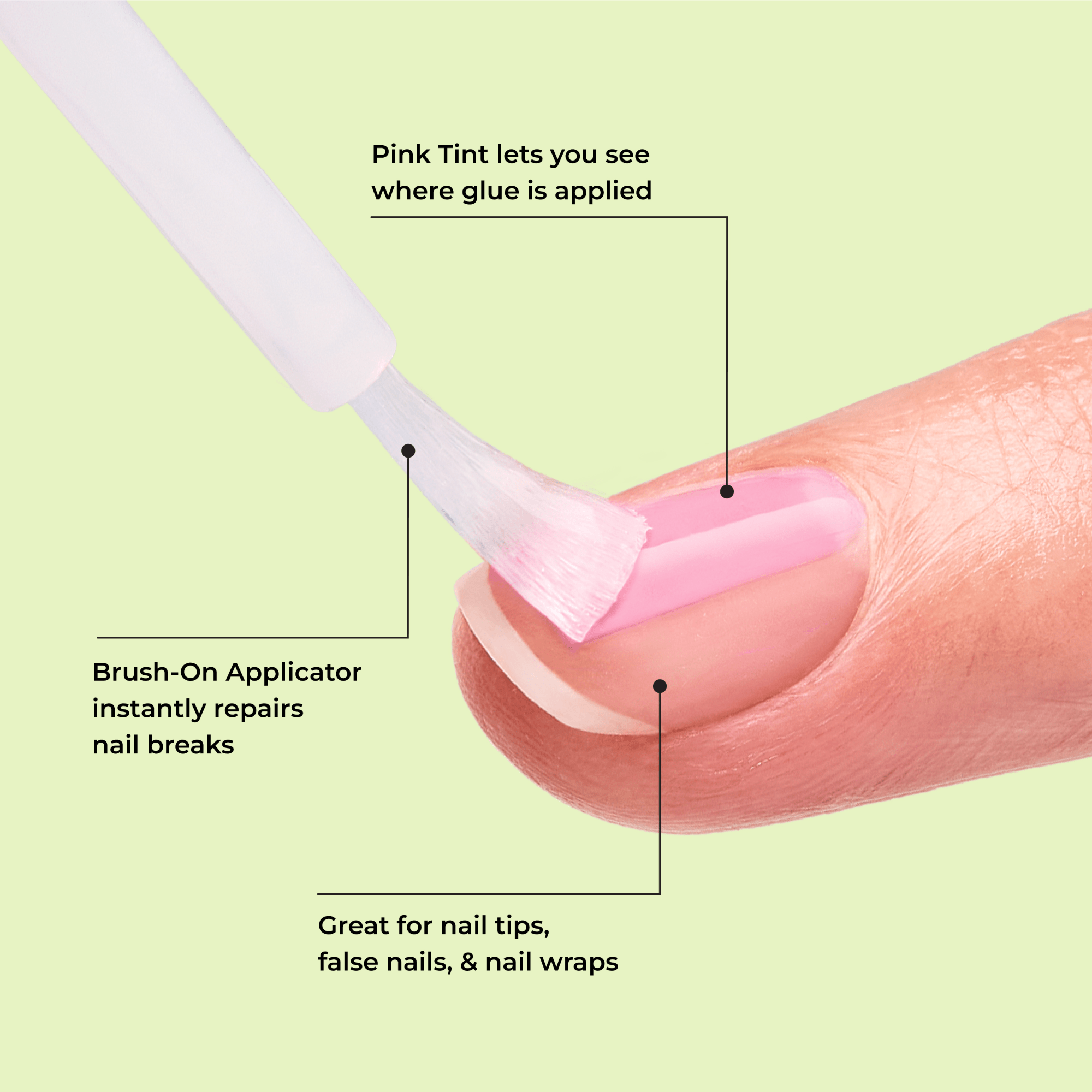 Finger applying pink-tinted nail glue with brush-on applicator on natural nail, highlighting easy repair and use for nail tips, false nails, and wraps.