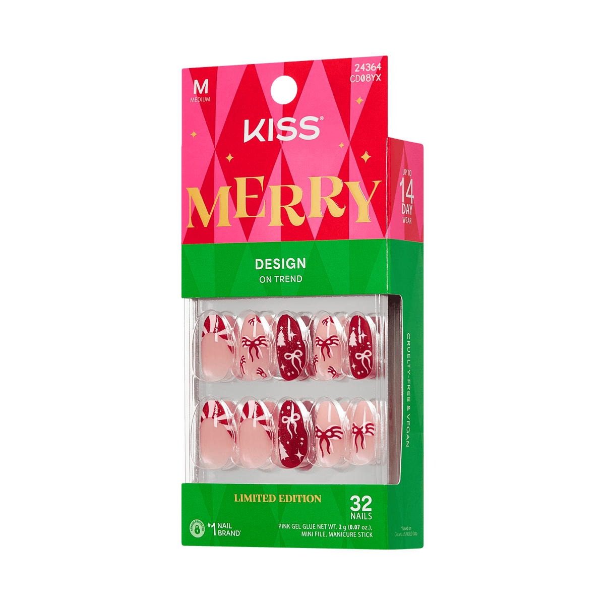Kiss Merry Holiday Press On Fake Glue Nails - Twinkle All The Way | French Design, Red, Medium, Almond