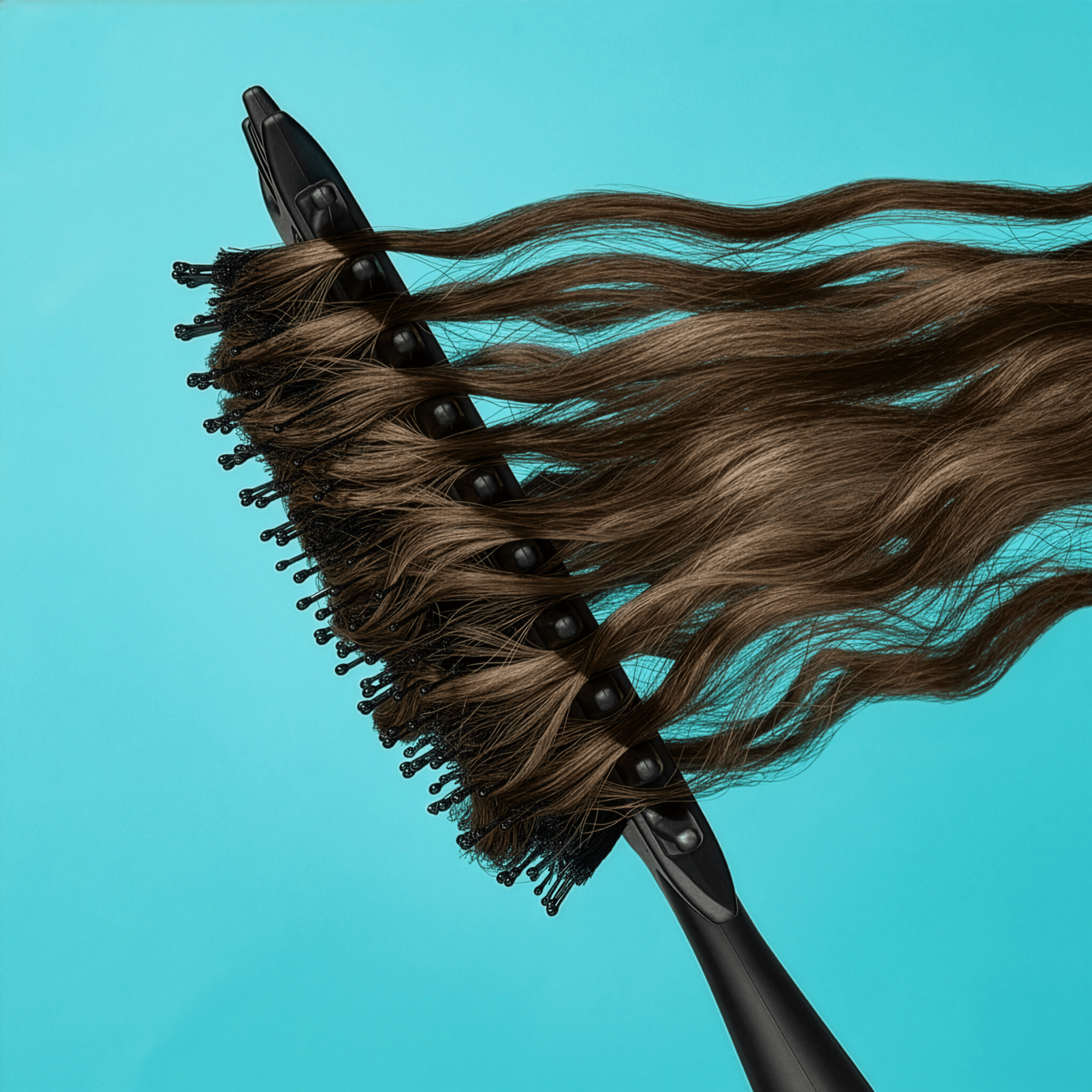 Hair extension strands with black applicator against turquoise background