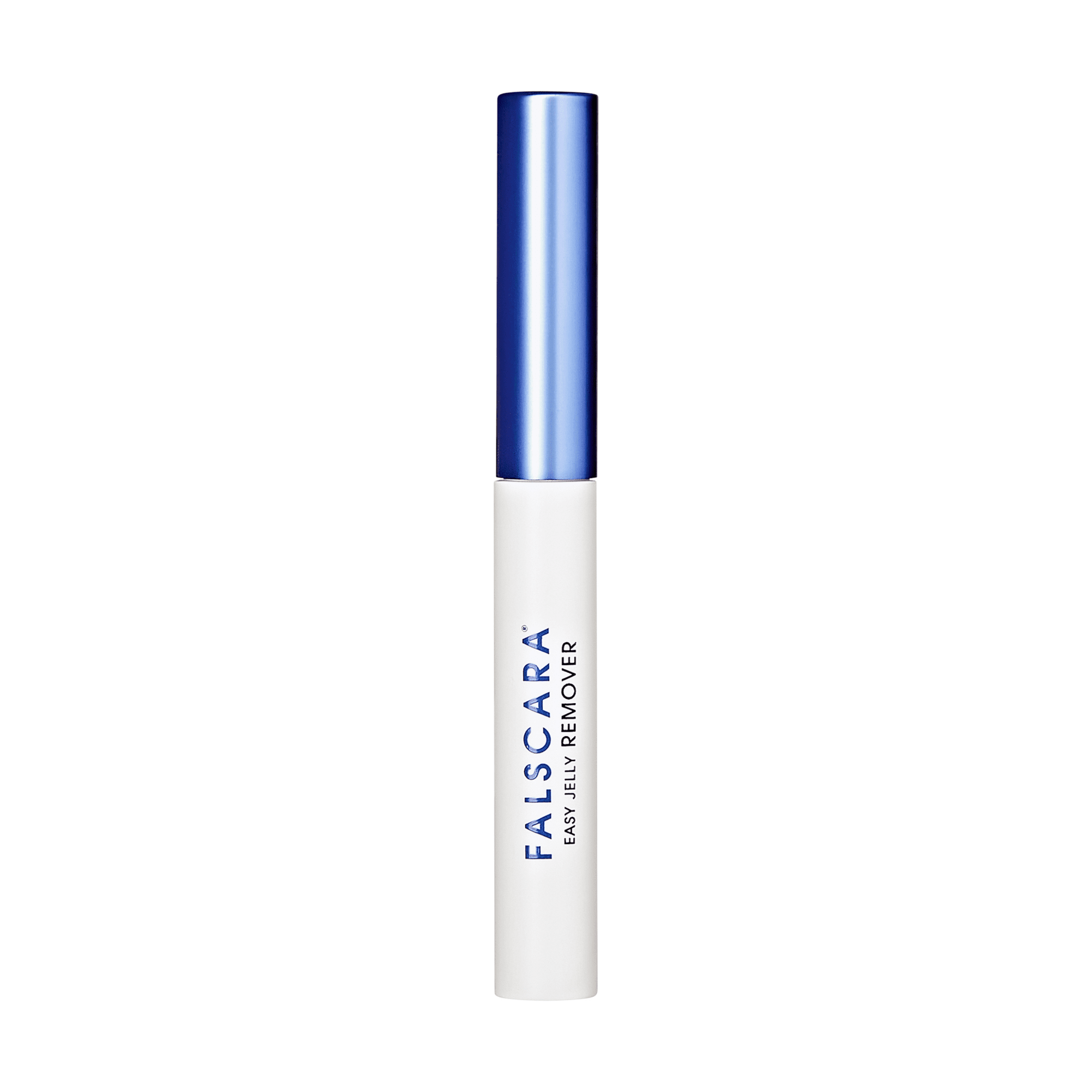 The image shows a cylindrical cosmetic product with a sleek design. The product has a white body with the brand name "FALSCARA" and the description "EASY-OFF REMOVER" printed in blue text. The cap of the product is metallic blue, giving it a polished and modern appearance. This item is likely used for removing makeup, specifically false eyelashes, as suggested by the name "FALSCARA.