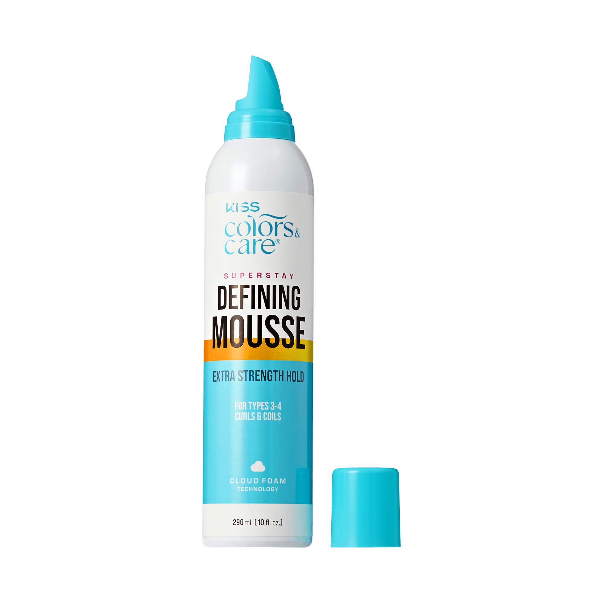 Kiss Colors & Care Defining Mousse bottle with blue cap on a green background