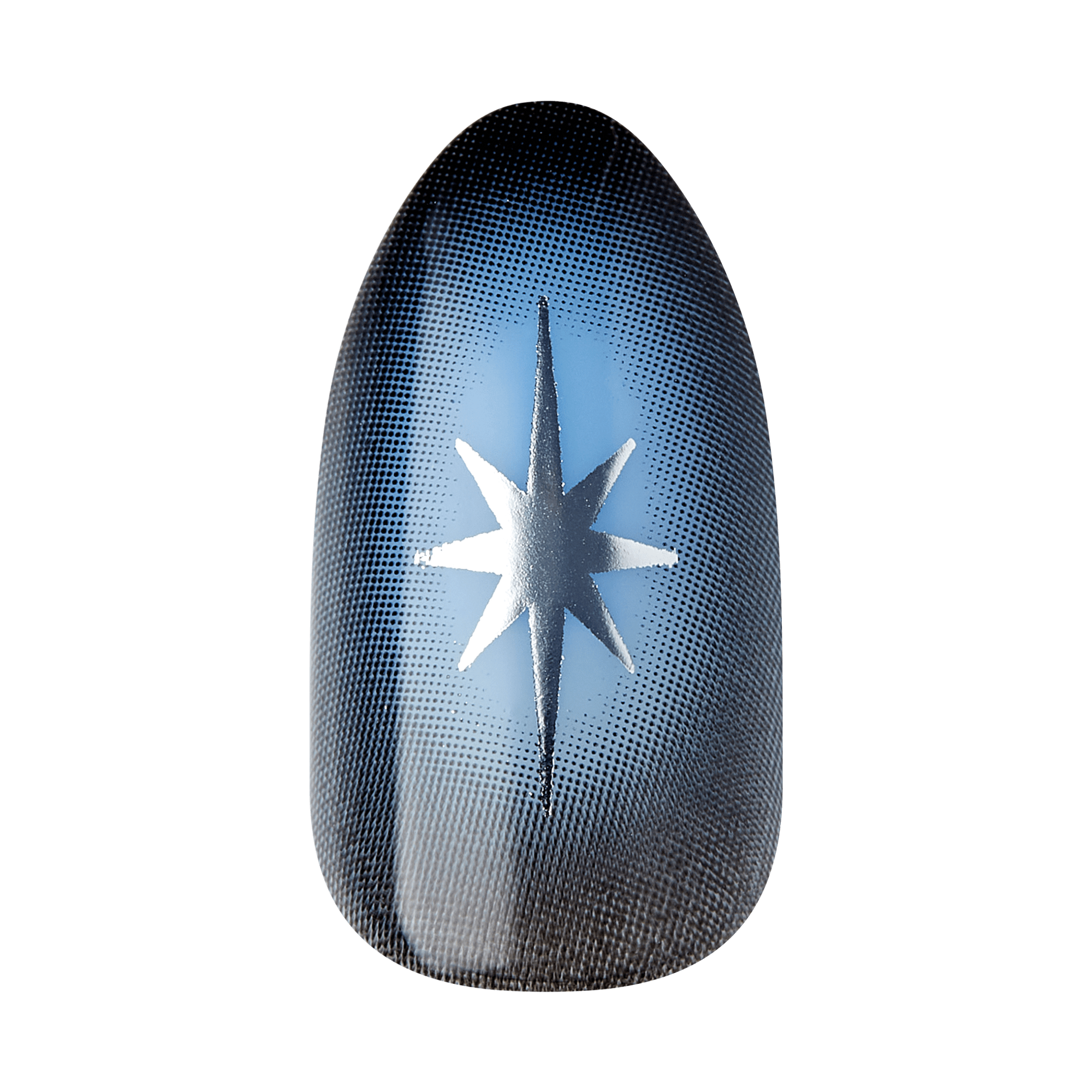The image shows a single artificial nail with a detailed design. The nail features a gradient background that transitions from black at the base to a lighter blue towards the center. In the middle of the nail, there is a prominent white star with eight points, creating a striking contrast against the gradient background. The design is sleek and modern, with a glossy finish that adds to its visual appeal.