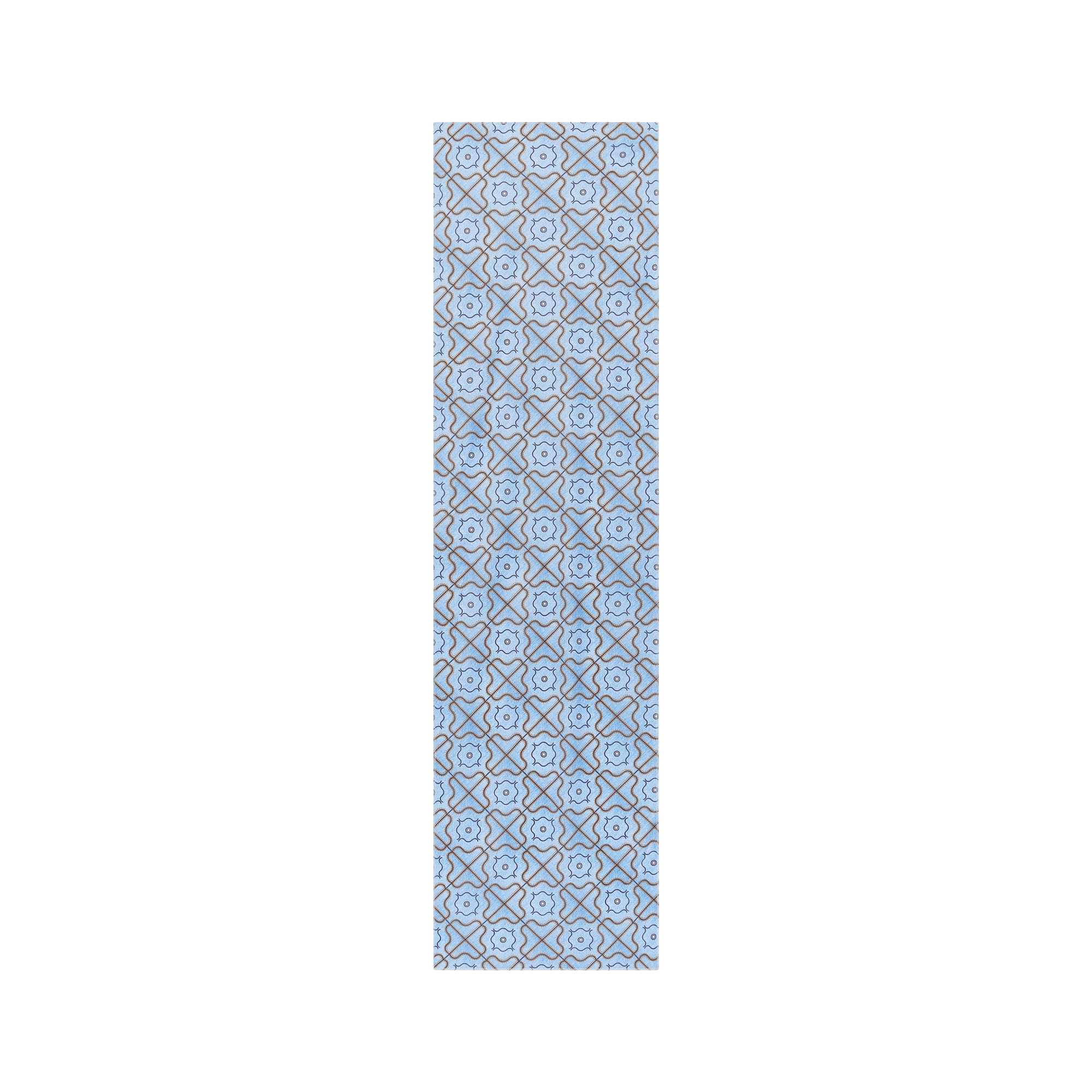 The image features a long, rectangular piece of fabric or paper with a repeating geometric pattern. The background is a light blue color, and the pattern consists of intricate shapes in darker shades, creating a visually appealing design. The overall look is symmetrical and decorative, suitable for various applications such as textiles, wallpapers, or craft projects.