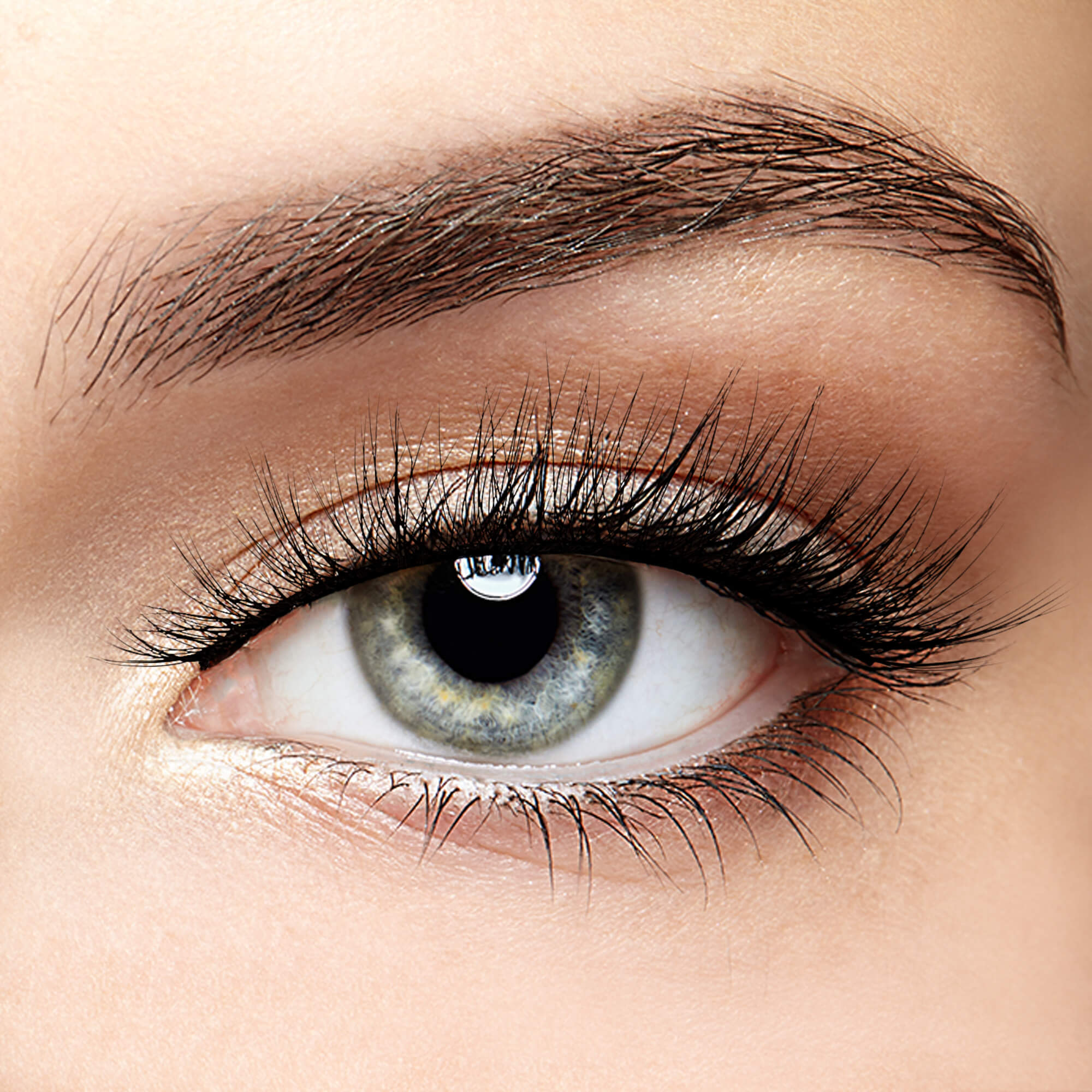 Close-up view of a light green eye with long, thick, and evenly spaced black faux mink eyelashes, framed by well-groomed brown eyebrows and subtle natural eyeshadow.
