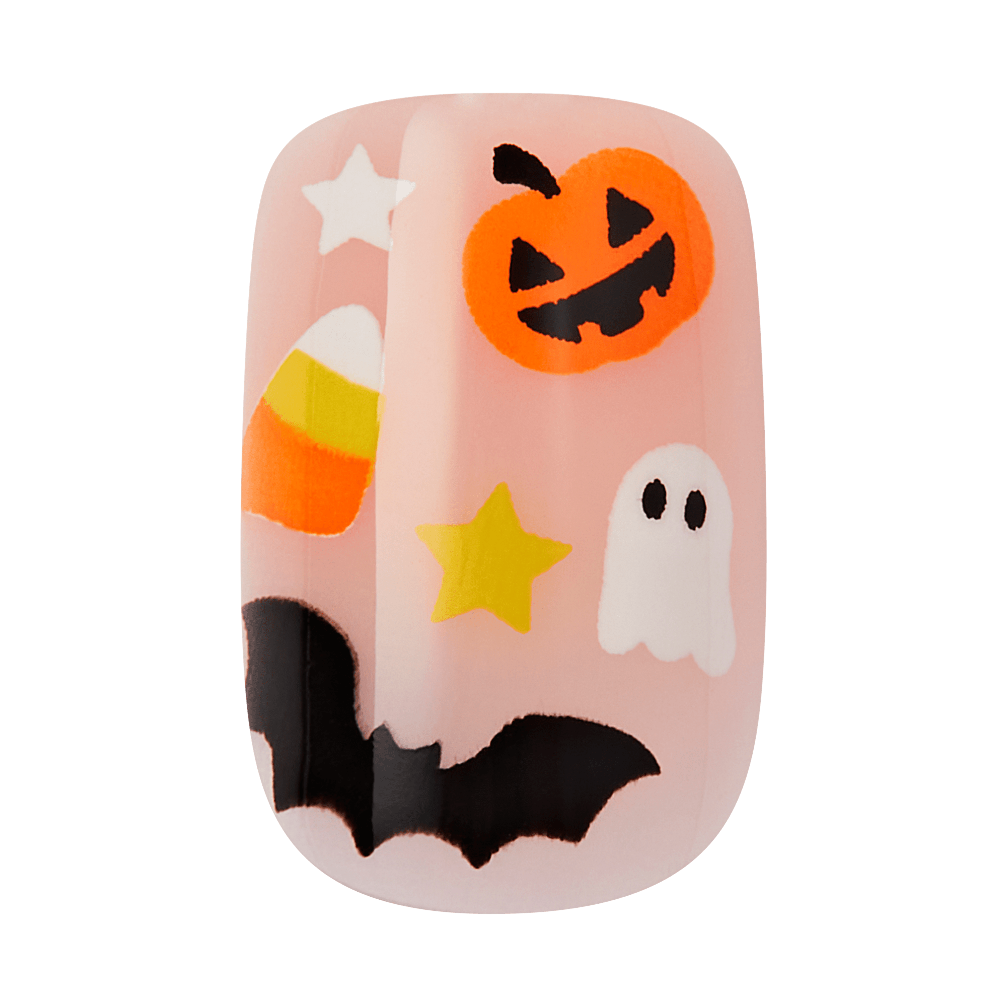 Kiss Haunt Halloween Press On Fake Glue Nails - Fangs for the Memories | Design, Orange & Black, Short, Squoval, Glow In The Dark