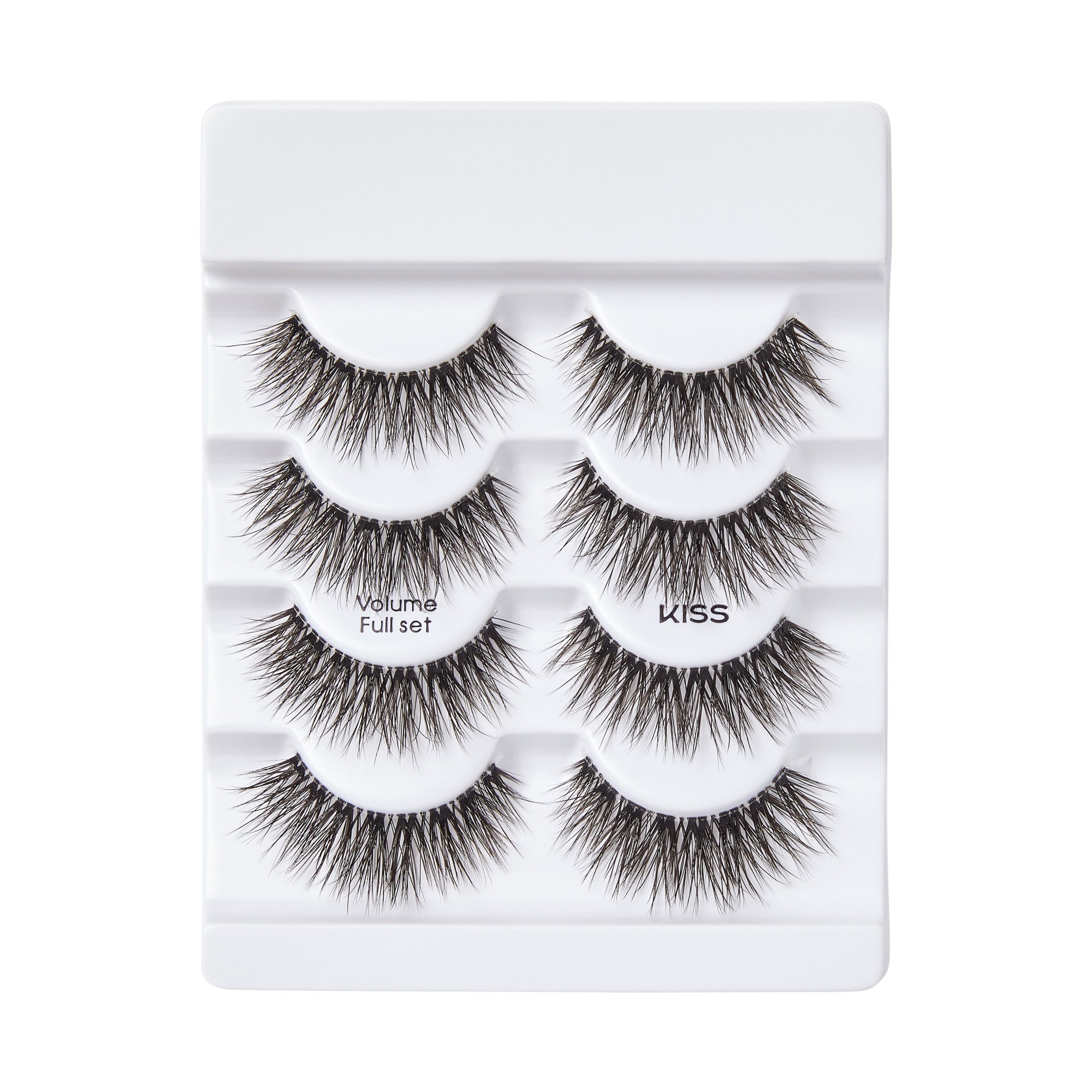 Set of four pairs of black false eyelashes arranged in white plastic tray, labeled with \