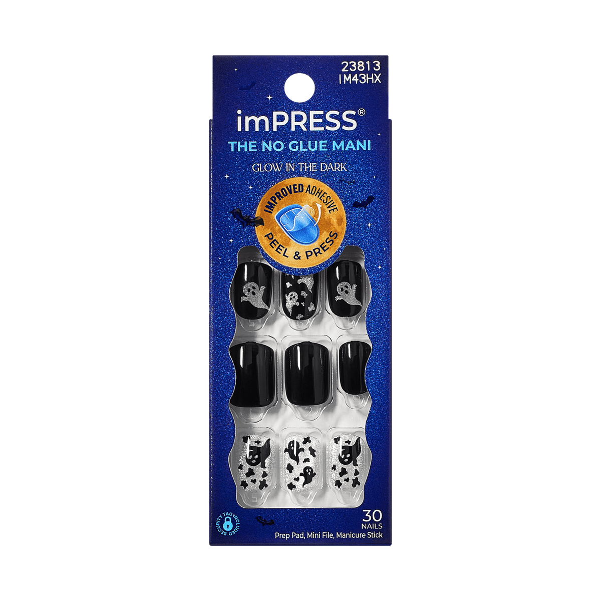 Impress Design Halloween No Glue Fake Press On Nails - Haunt Me | Design, Black, Short, Squoval, Glow In The Dark, Manicure