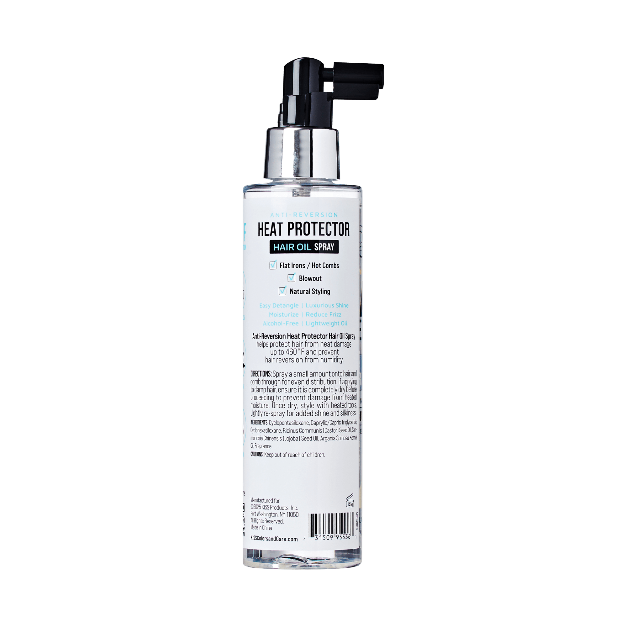 Clear spray bottle with black pump labeled "Anti-Reversion Heat Protector Hair Oil Spray" for flat irons, blowouts, and natural styling.