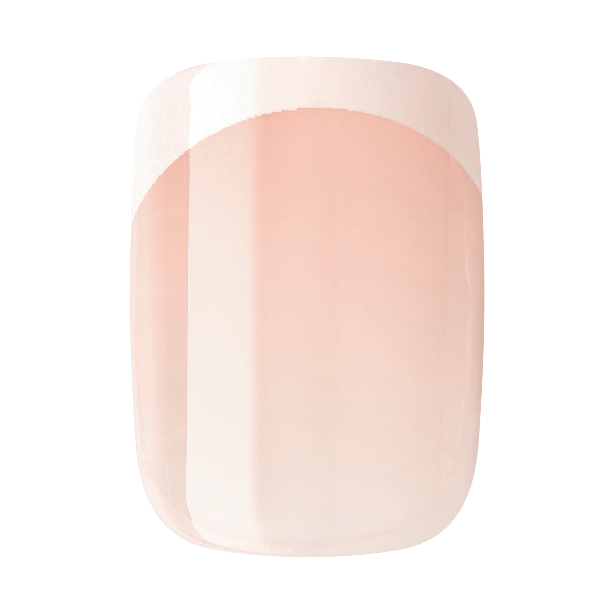 Single press-on nail with a glossy finish, featuring a soft pink base and a classic white curved French tip design.