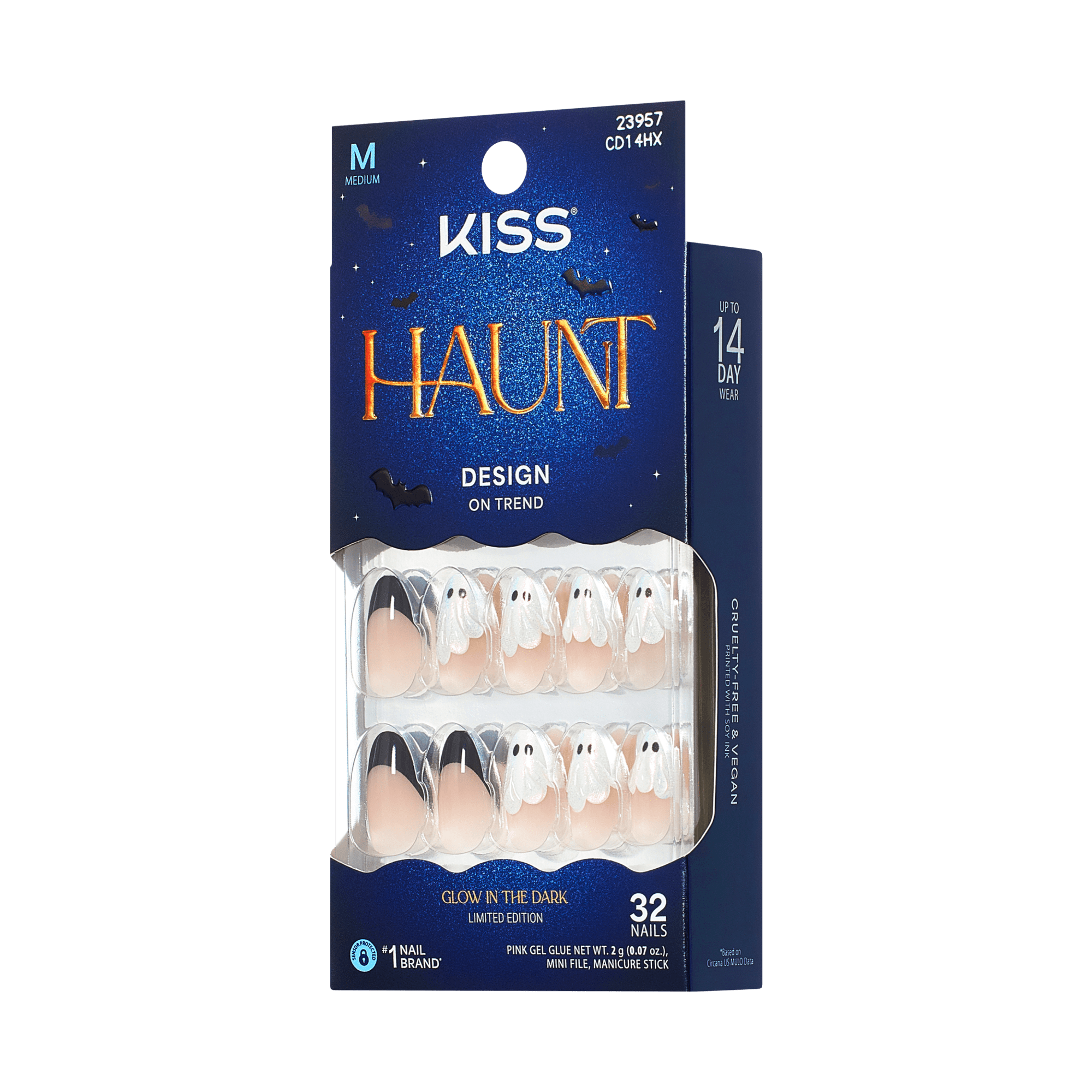 Kiss Haunt Halloween Press On Fake Glue Nails - Midnight Makeover | French Design, Black & White, Medium, Almond, Glow In The Dark