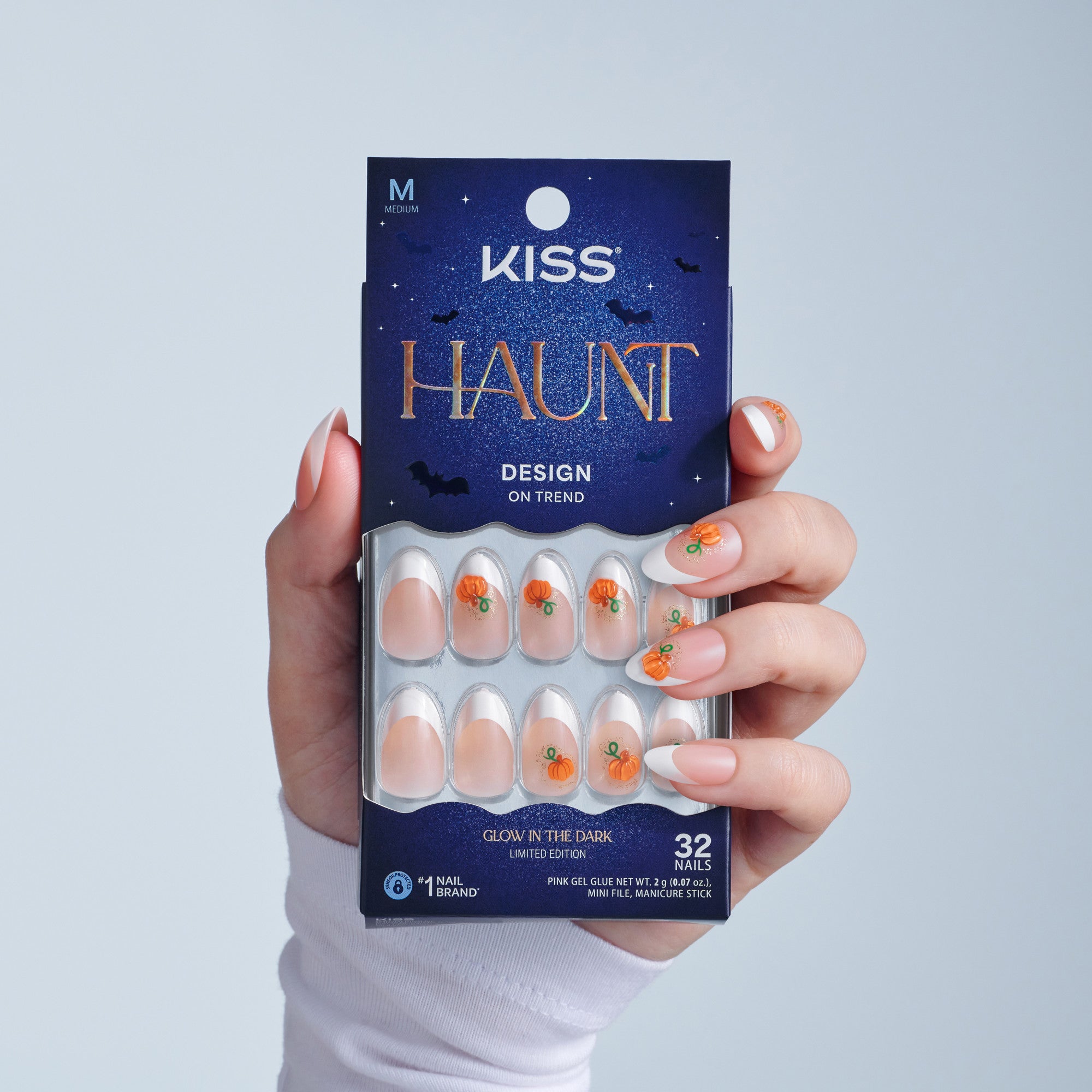Kiss Haunt Halloween Press On Fake Glue Nails - Spook Me | French Design, White, Medium, Almond, Glow In The Dark