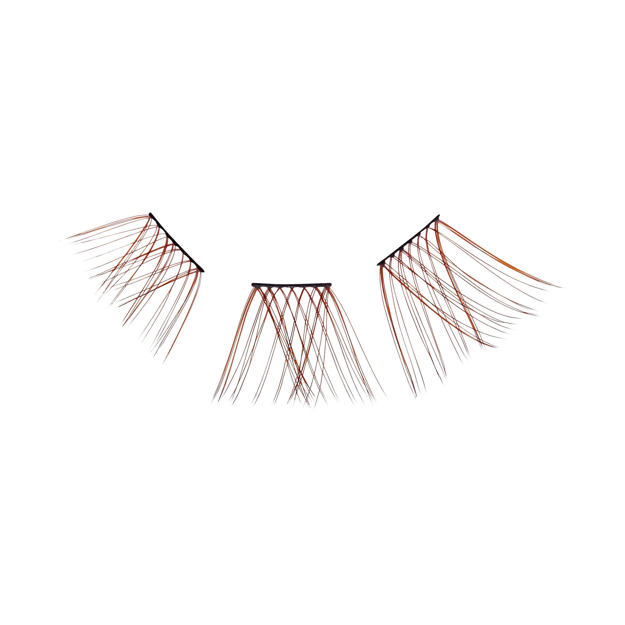 The image shows three sets of false eyelashes arranged in a semi-circular pattern. Each set has a black base with long, thin, and wispy strands extending outward. The strands are primarily black with a hint of reddish-brown color, giving them a natural yet slightly dramatic appearance. The lashes are designed to be applied to the eyelids to enhance the fullness and length of natural eyelashes.