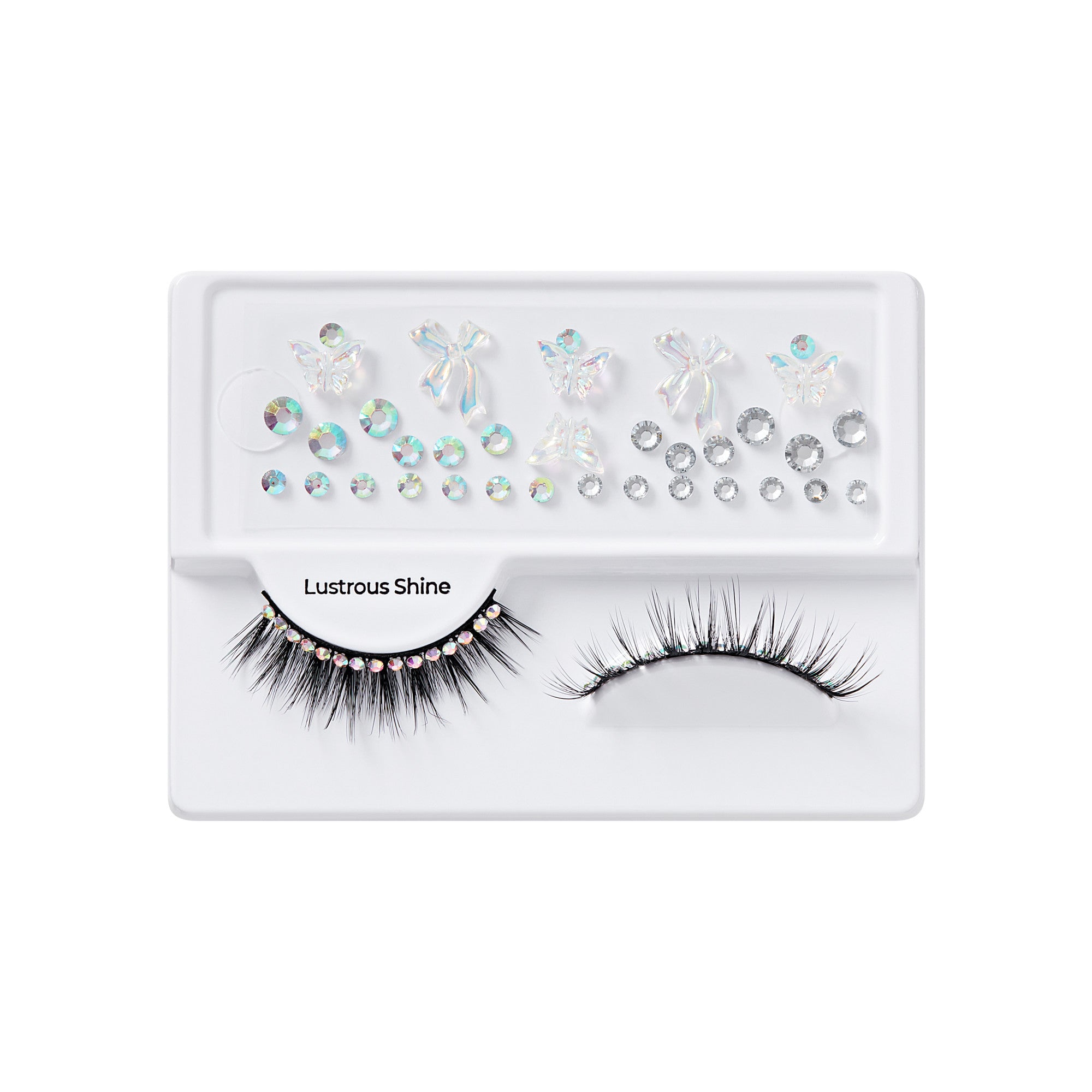 False eyelashes with attached iridescent rhinestones labeled \