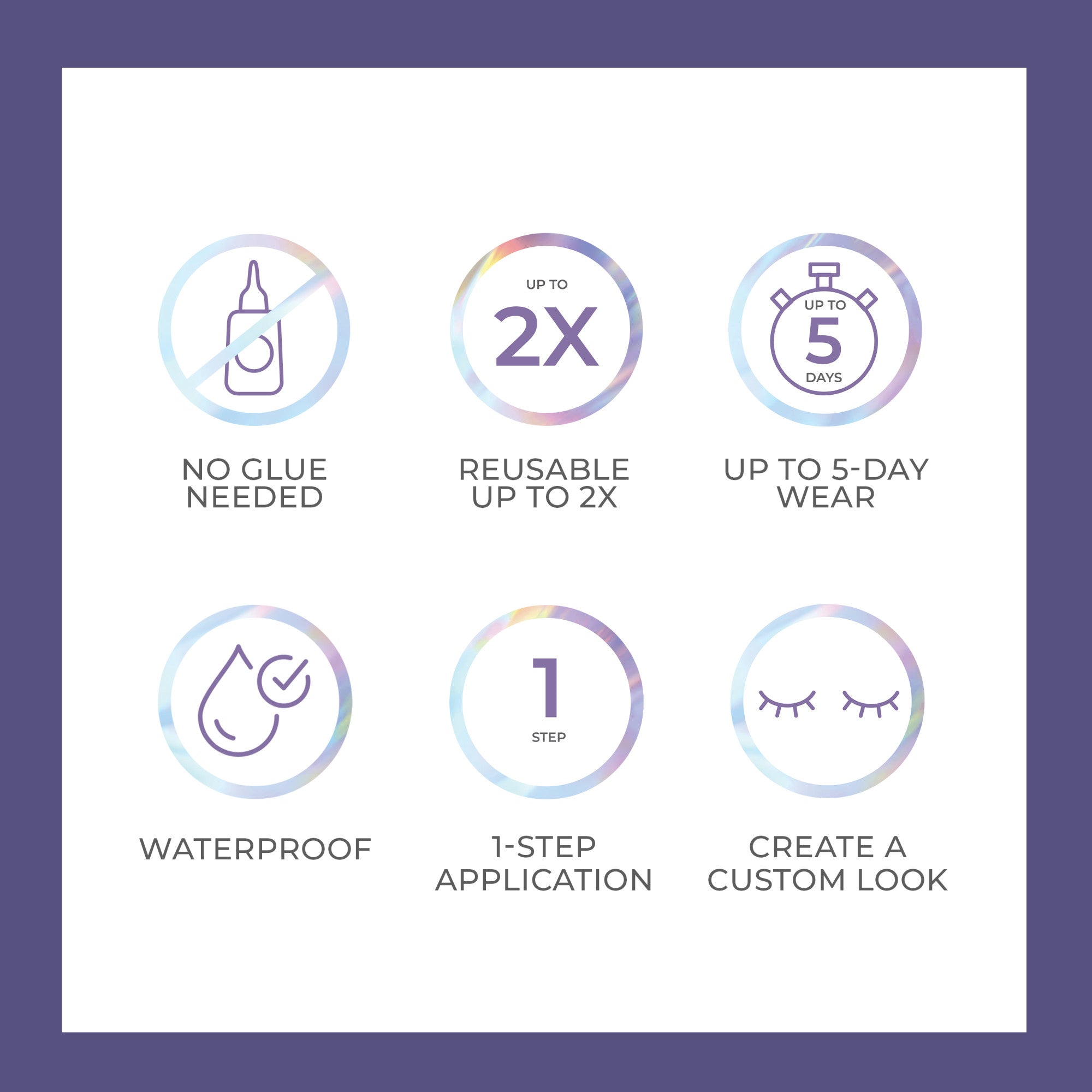 Six purple icons with holographic circles and text highlighting false lashes features: no glue needed, reusable up to 2 times, up to 5-day wear, waterproof, 1-step application, and create a custom look.