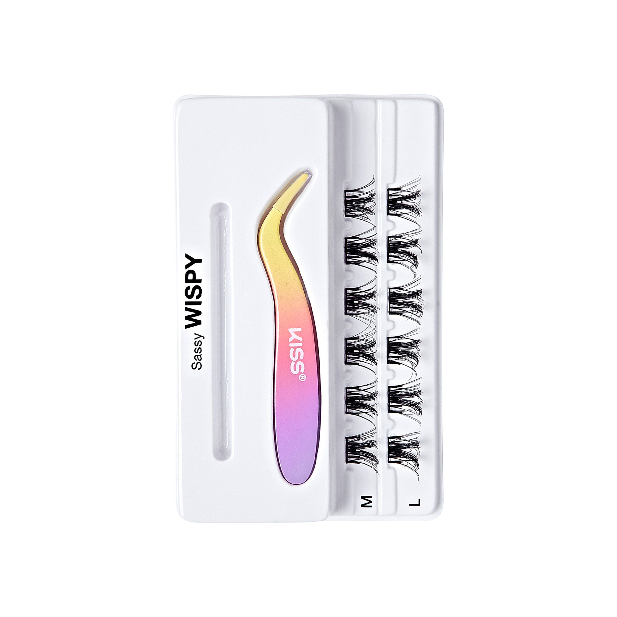 The image shows a product package for false eyelashes. The package includes a set of false eyelashes and an applicator tool. The applicator tool has a gradient color, transitioning from yellow to pink to purple, and is labeled with the brand name "KISS." The false eyelashes are arranged in three rows, labeled "Sassy WISPY" on the left side of the package. The packaging is predominantly white, with a sleek and clean design.
