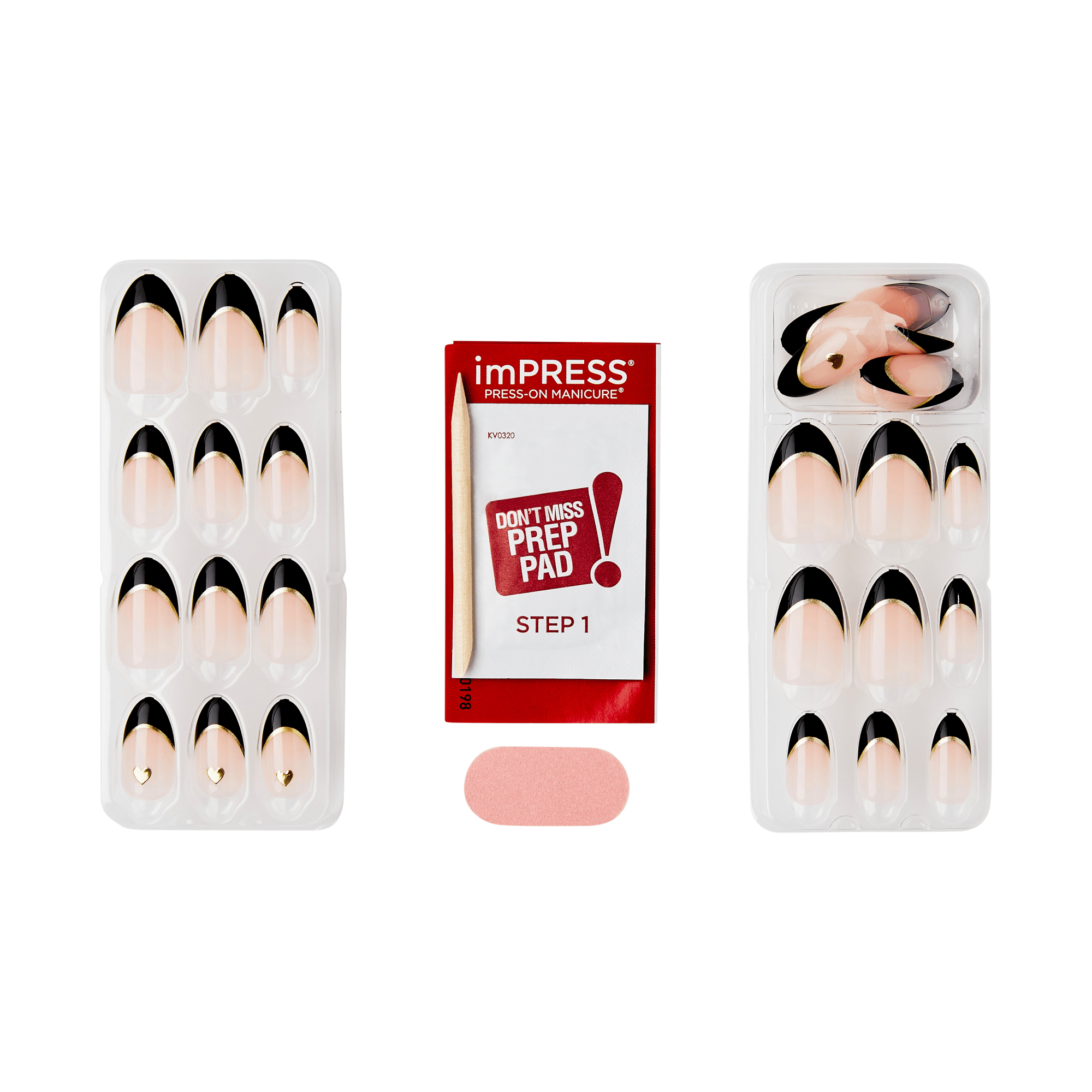 The image features a set of press-on nails from the brand imPRESS. The package includes two trays of nails: one on the left and one on the right. The nails have a nude base with a black tip design, giving them a stylish and modern look. In the center, there is a red packet labeled "DON&