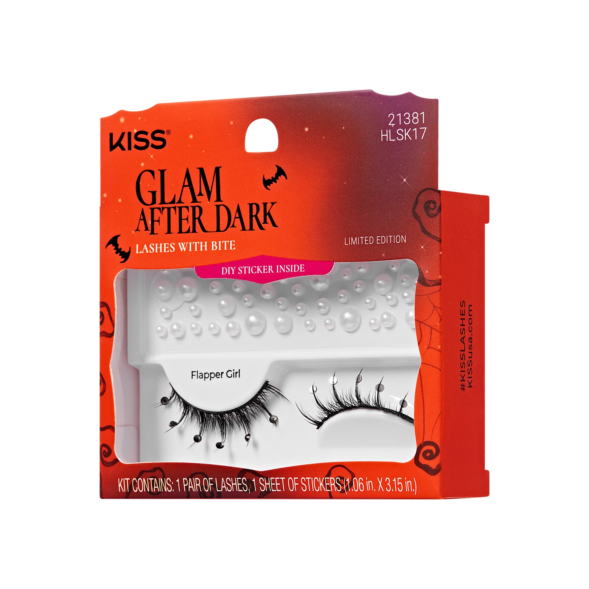 KISS Glam After Dark Halloween false lashes with black gem accents, labeled Flapper Girl, in orange and purple packaging with bats and text \