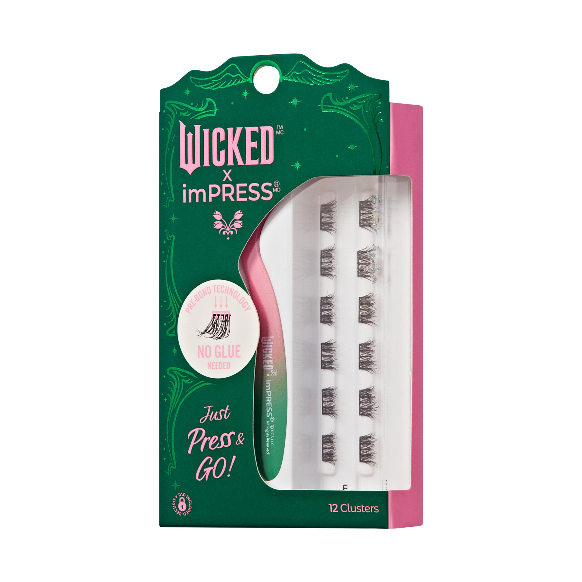 The image features a packaging for a beauty product called "Wicked x imPRESS." It showcases a set of 12 clusters of false eyelashes. The packaging is predominantly pink with green accents and includes the text "Just Press & Go!" prominently displayed. There is also a graphic of a butterfly, emphasizing the brand&