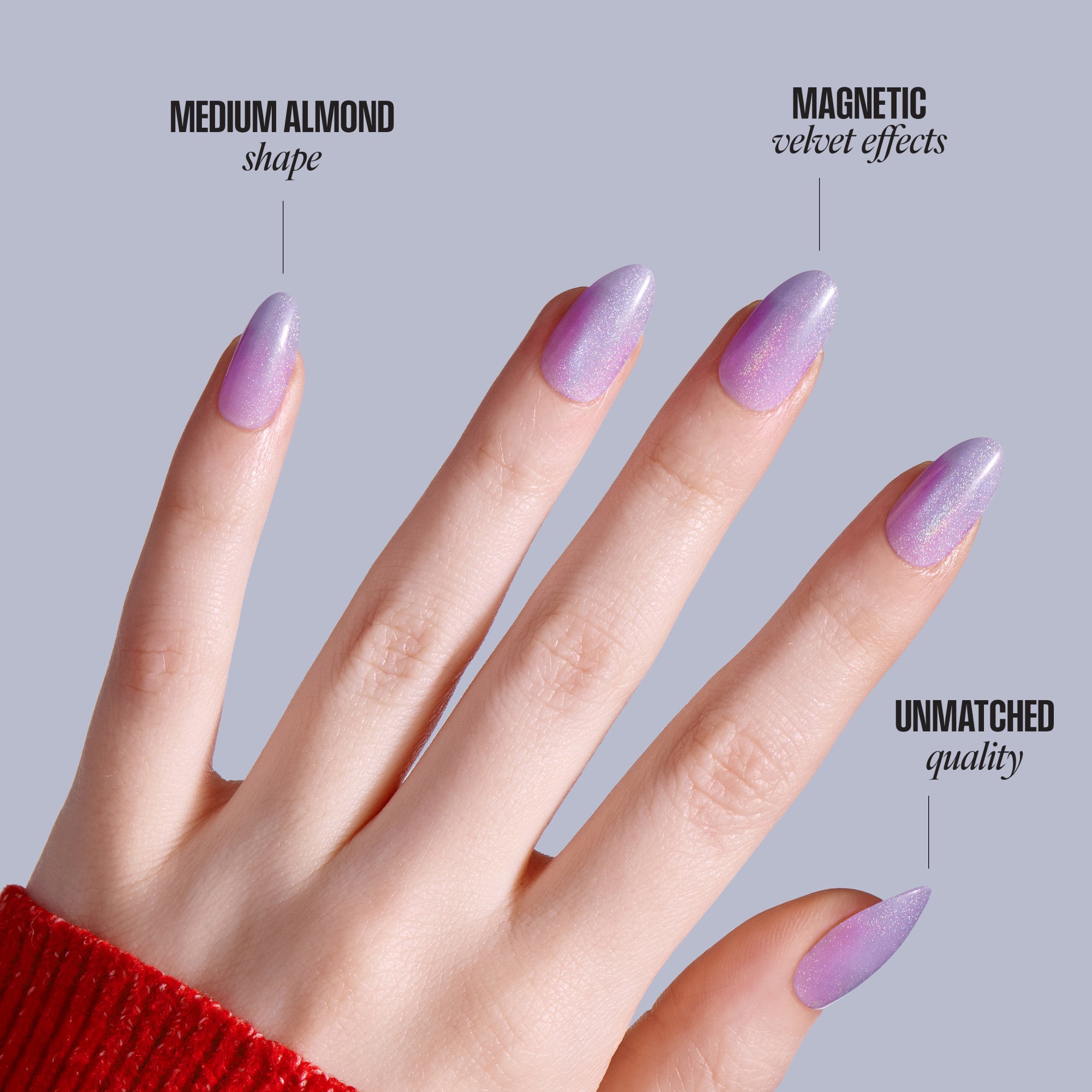 Purple glitter nail polish on medium almond nails demonstrating magnetic velvet effects and quality.