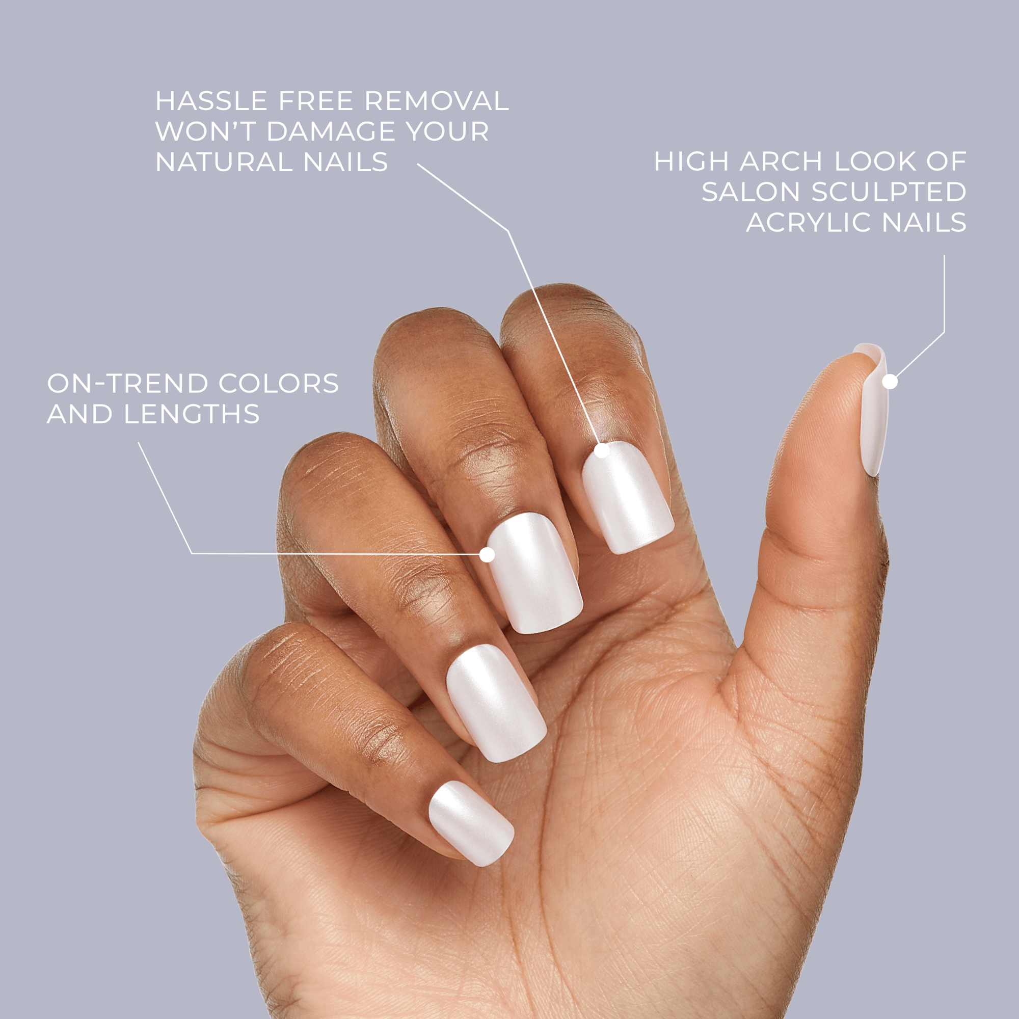 A hand with medium brown skin shows pearly white press-on nails with a high arch shape, highlighting easy removal, salon sculpted look, and trendy lengths.